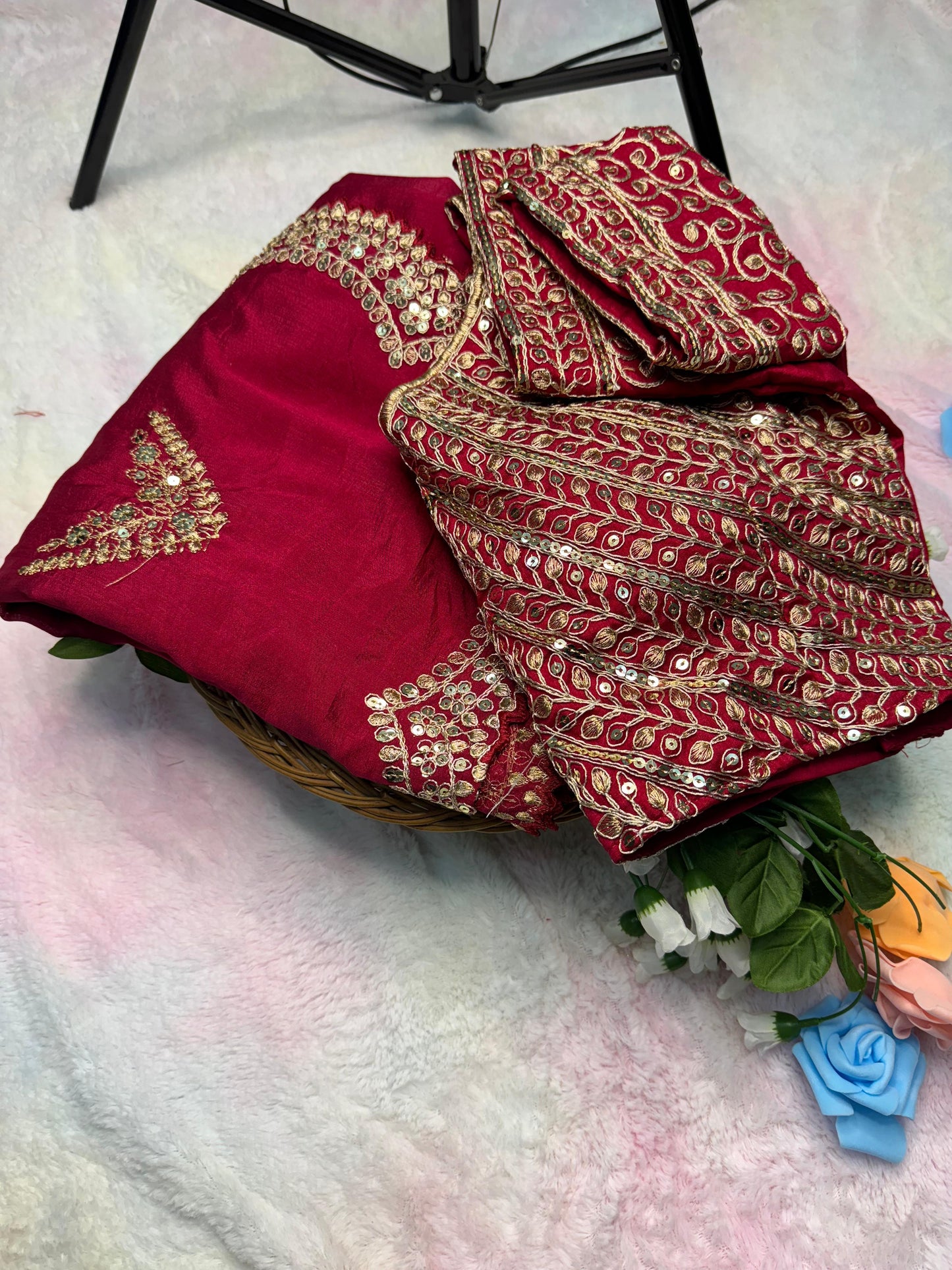 Heavy Hand-Embroidered Cherry-Red Pure Vichitra-Silk Saree in Fancy Cut-Work Border with Blouse