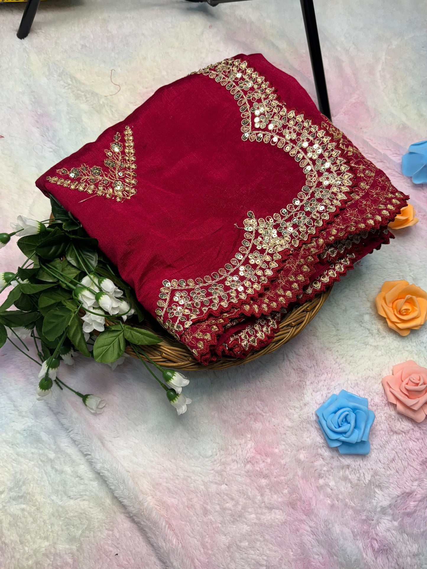 Heavy Hand-Embroidered Cherry-Red Pure Vichitra-Silk Saree in Fancy Cut-Work Border with Blouse