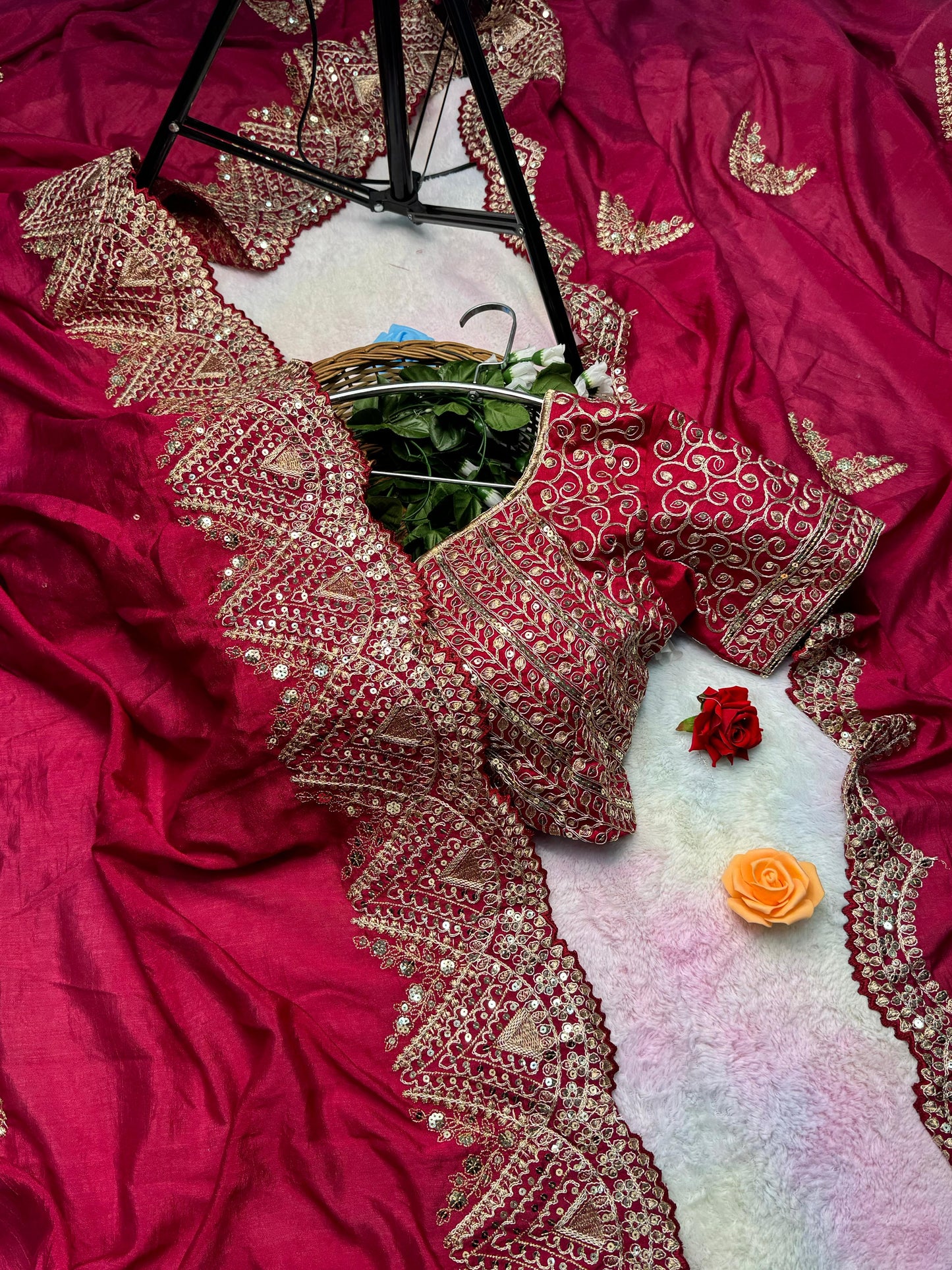 Heavy Hand-Embroidered Cherry-Red Pure Vichitra-Silk Saree in Fancy Cut-Work Border with Blouse