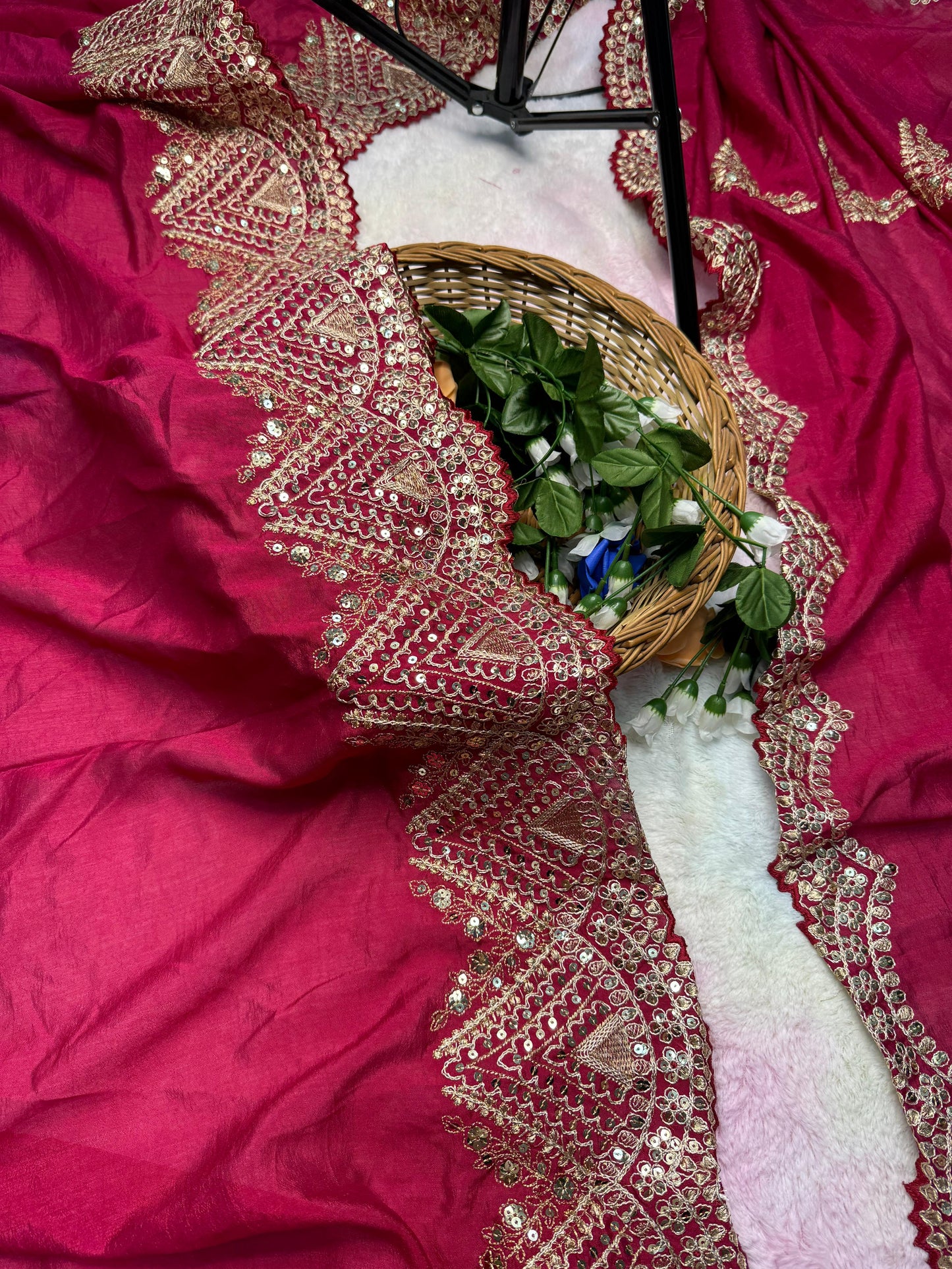 Heavy Hand-Embroidered Cherry-Red Pure Vichitra-Silk Saree in Fancy Cut-Work Border with Blouse
