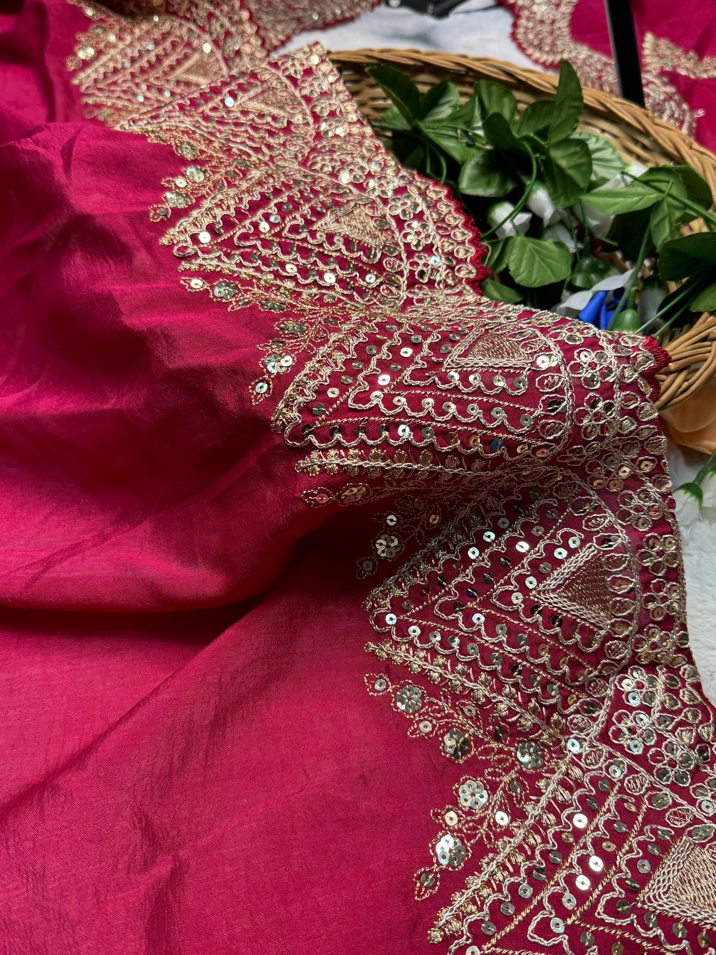 Heavy Hand-Embroidered Cherry-Red Pure Vichitra-Silk Saree in Fancy Cut-Work Border with Blouse