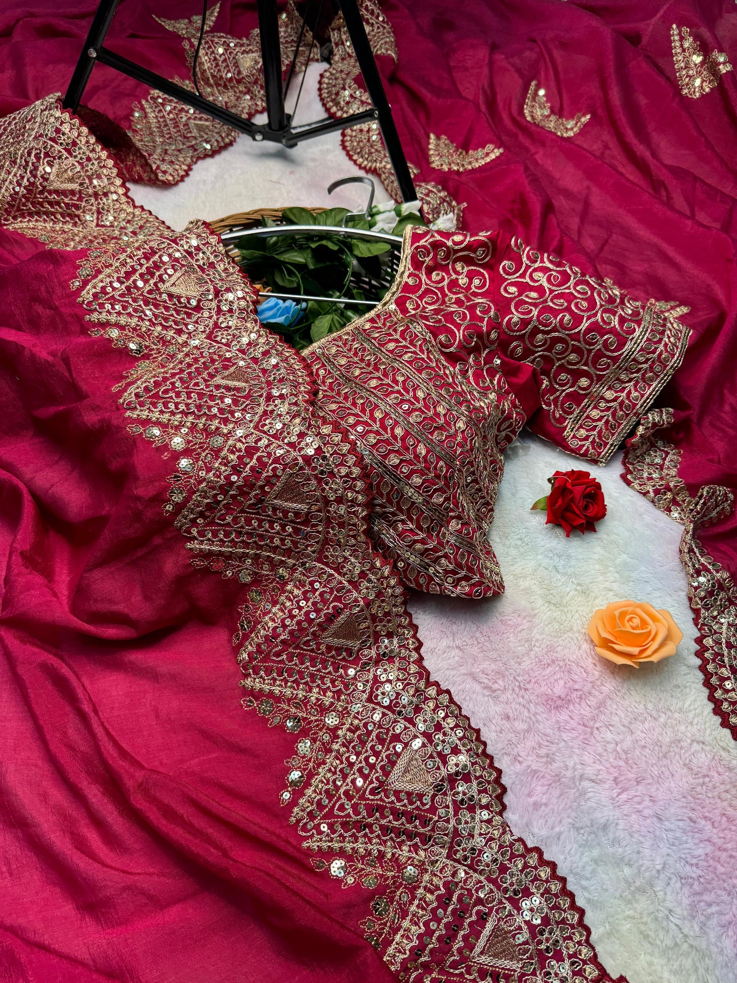 Heavy Hand-Embroidered Cherry-Red Pure Vichitra-Silk Saree in Fancy Cut-Work Border with Blouse
