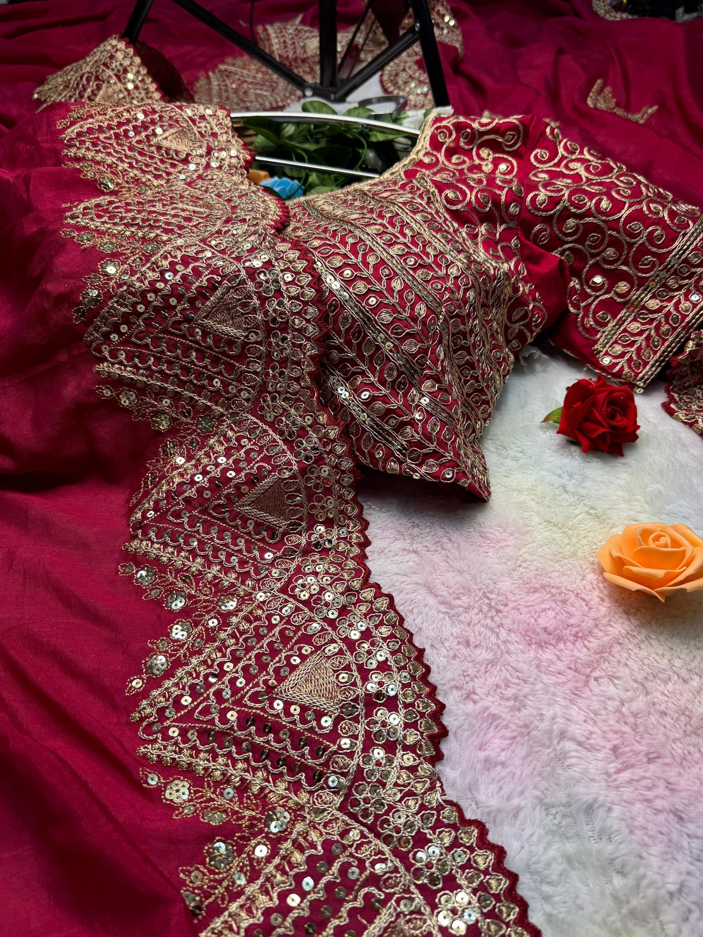 Heavy Hand-Embroidered Cherry-Red Pure Vichitra-Silk Saree in Fancy Cut-Work Border with Blouse