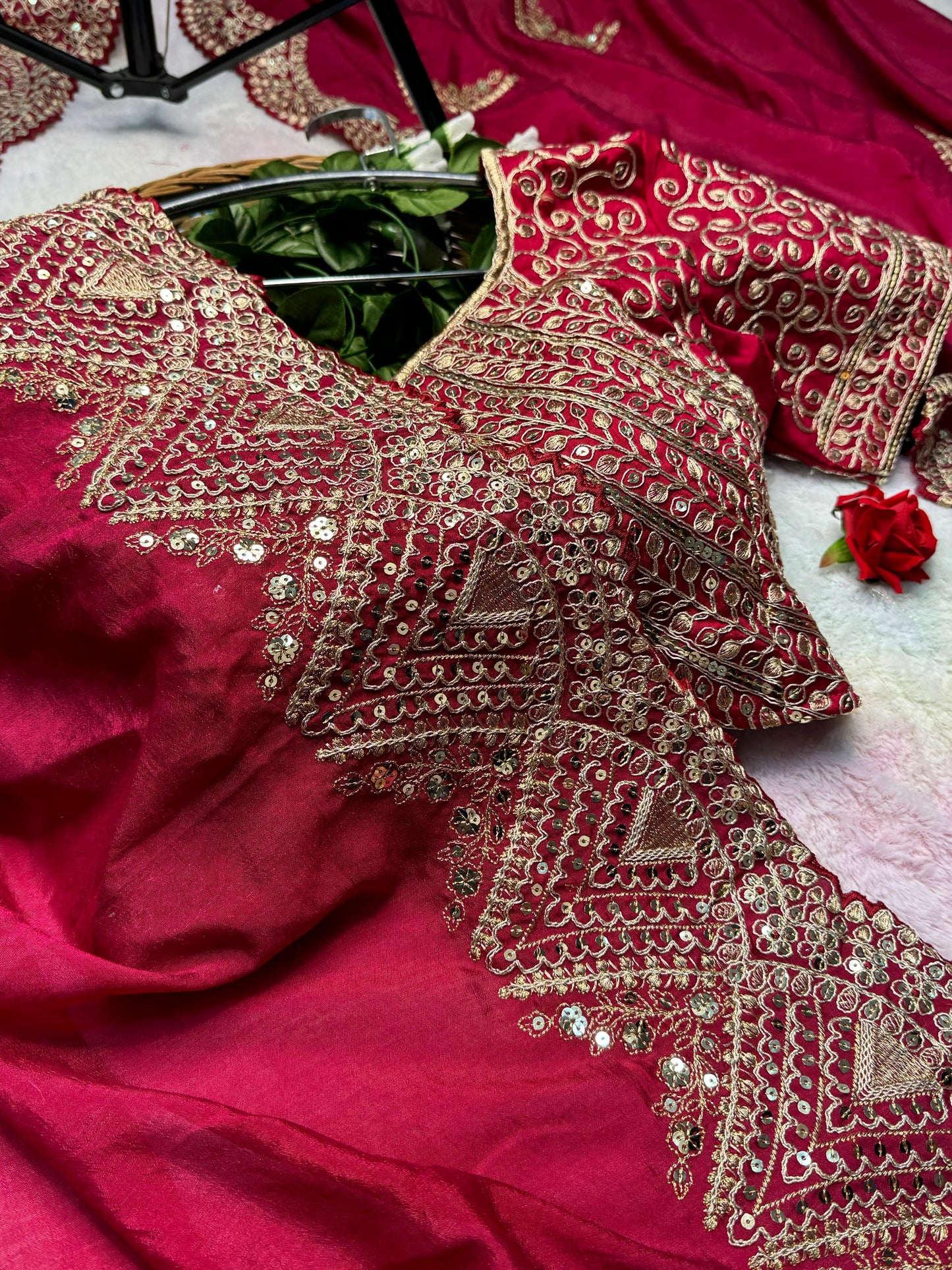 Heavy Hand-Embroidered Cherry-Red Pure Vichitra-Silk Saree in Fancy Cut-Work Border with Blouse