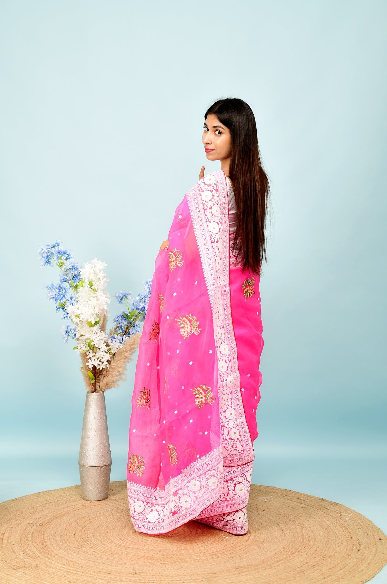 Hand-Embroidered Bright-Pink Organza-Silk Saree with Heavy Chikankari Border & Blouse
