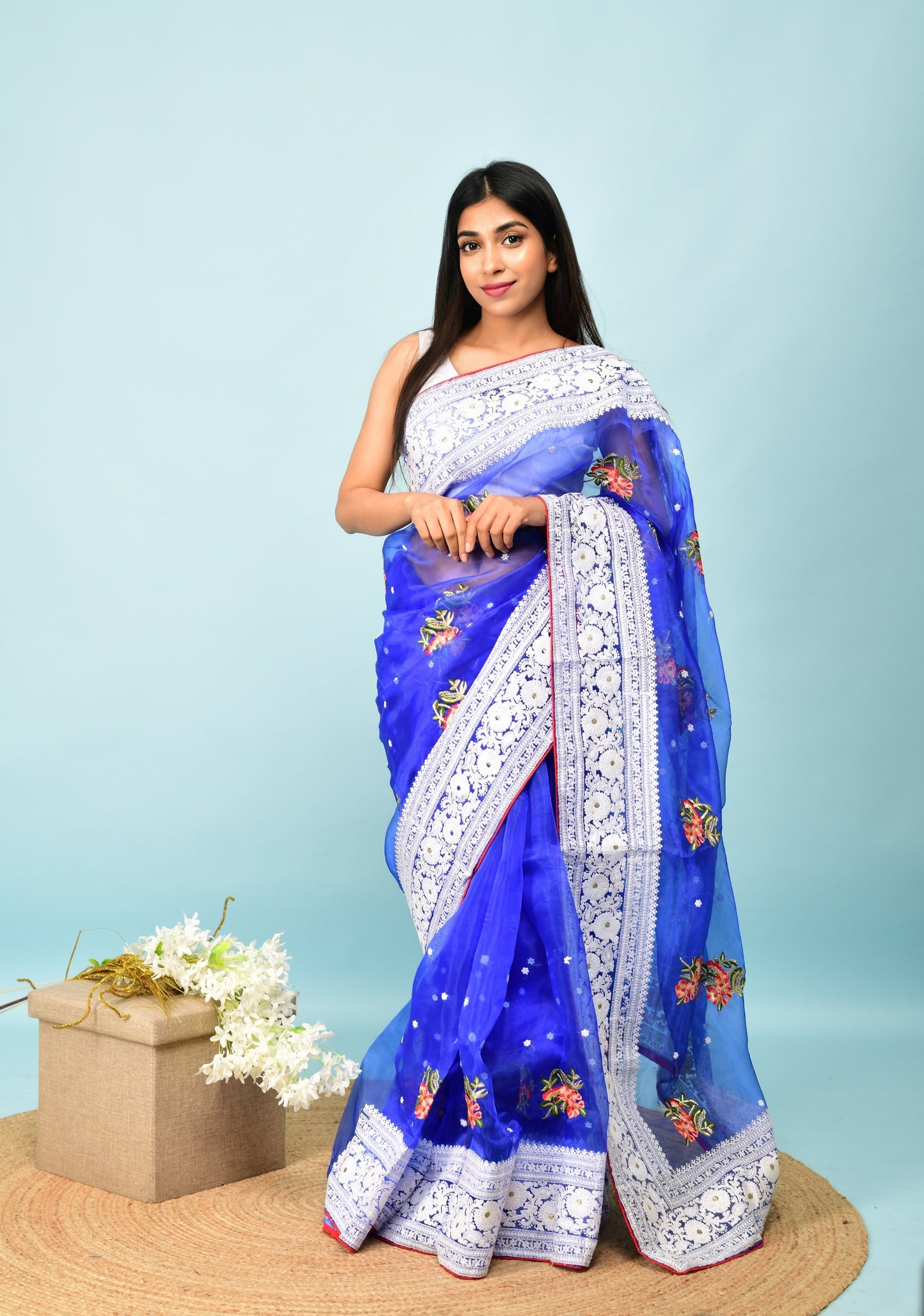 Hand-Embroidered Royal-Blue Organza-Silk Saree with Heavy Chikankari Border & Blouse