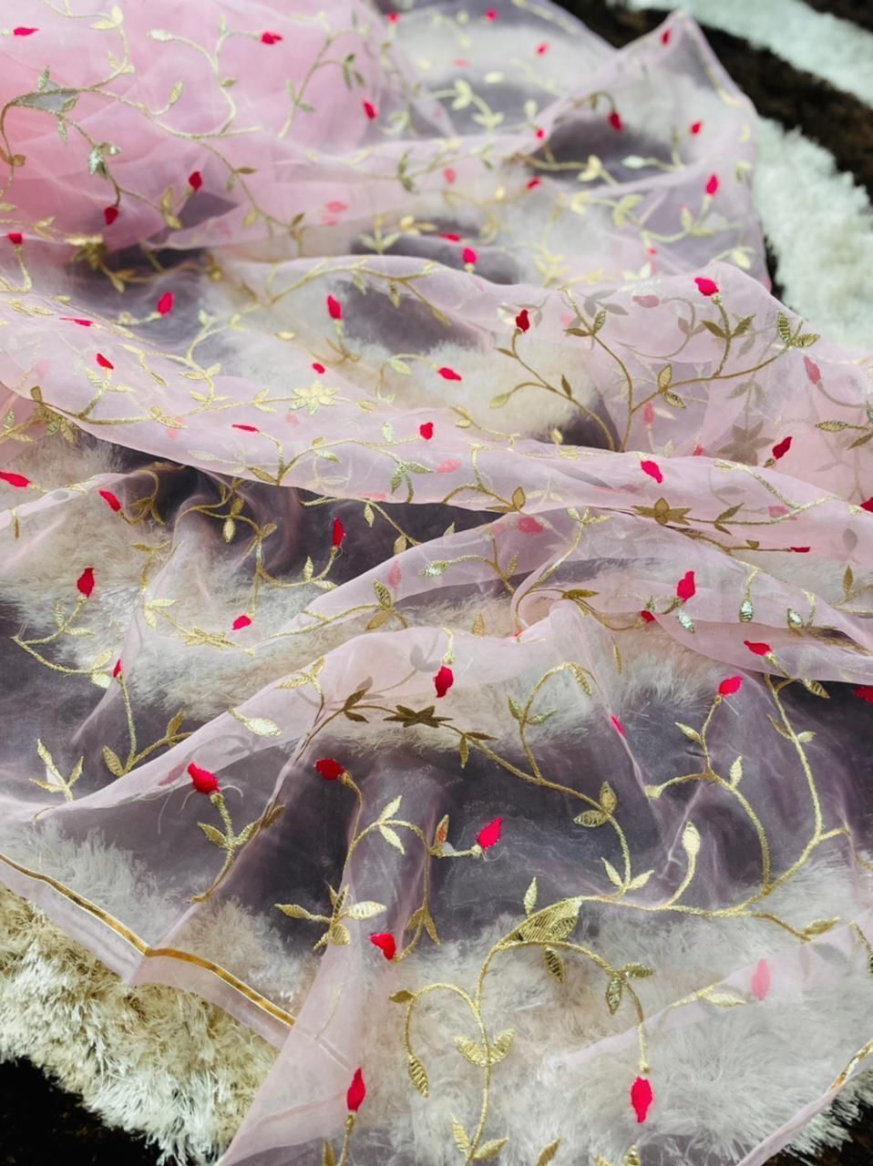 Heavy Hand Embroidered Baby-Pink Pure Organza-Silk saree paired with Satin Blouse