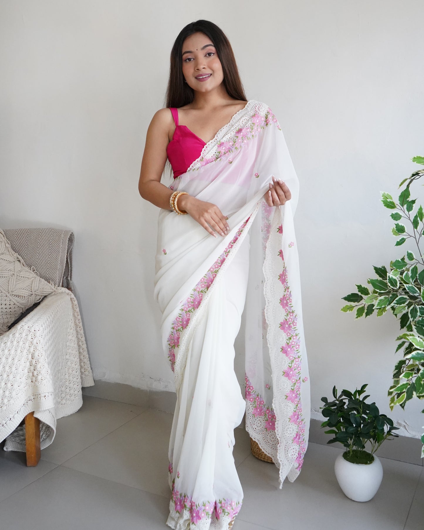 Hand-Embroidered Pure White Georgette-Silk Saree with beautiful Cut-Work border with Blouse