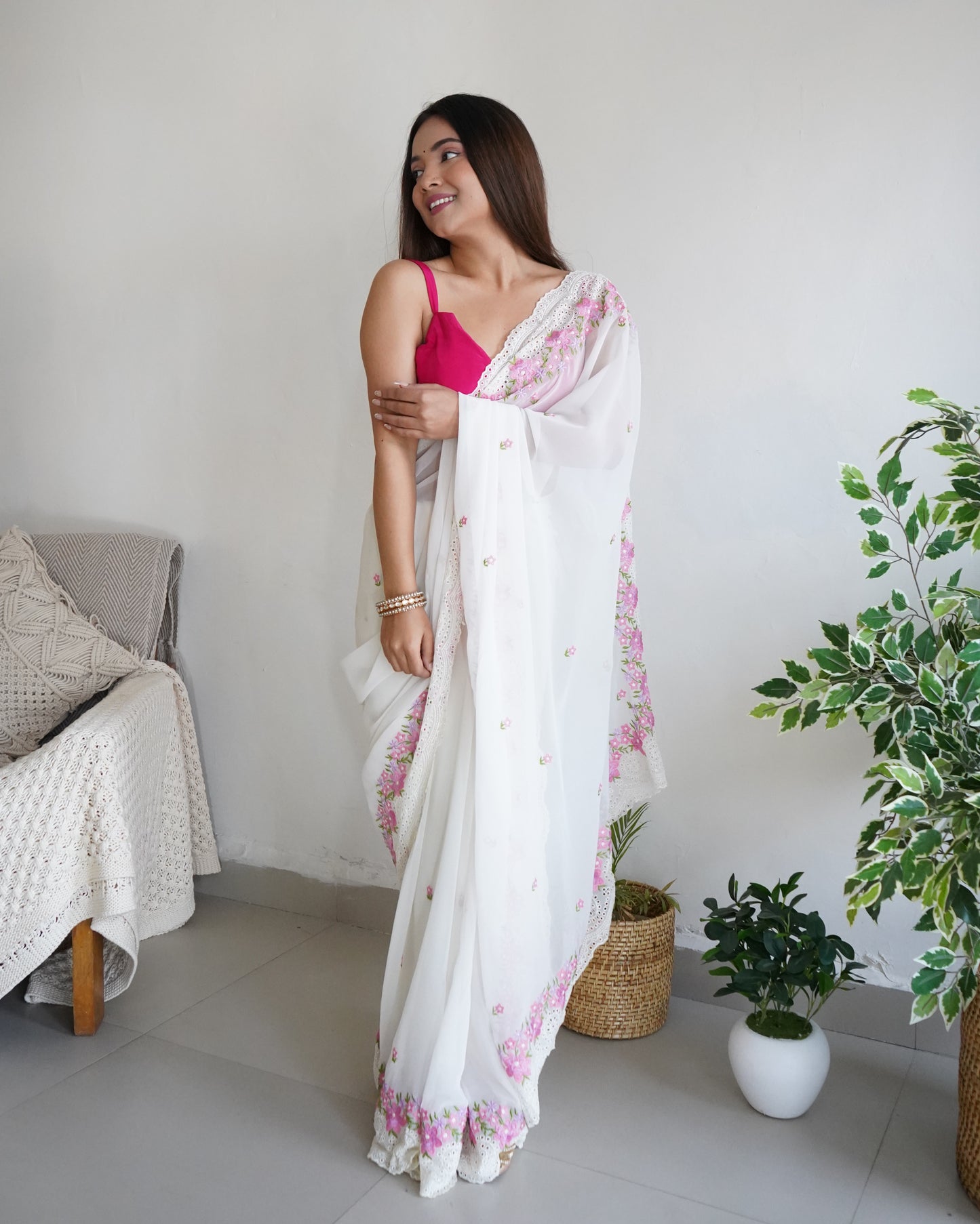 Hand-Embroidered Pure White Georgette-Silk Saree with beautiful Cut-Work border with Blouse