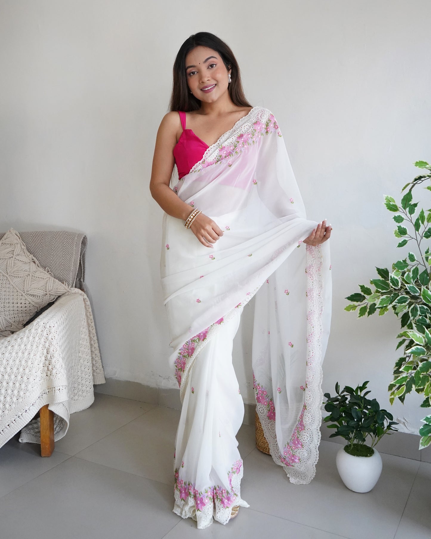 Hand-Embroidered Pure White Georgette-Silk Saree with beautiful Cut-Work border with Blouse