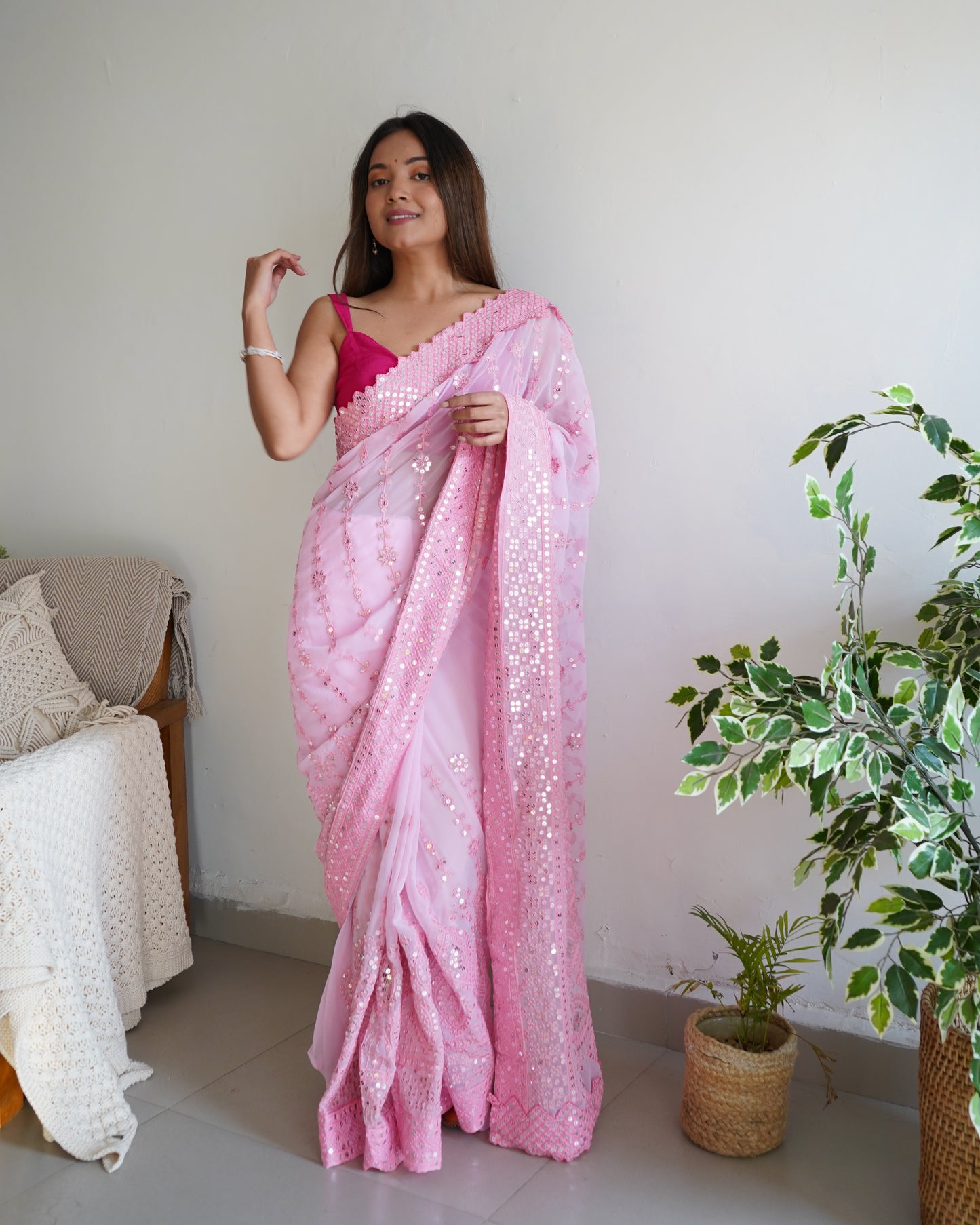 Hand Embroidered Soft-Pink Georgette Silk Saree with Chikankari and Sequins work paired with Satin Blouse