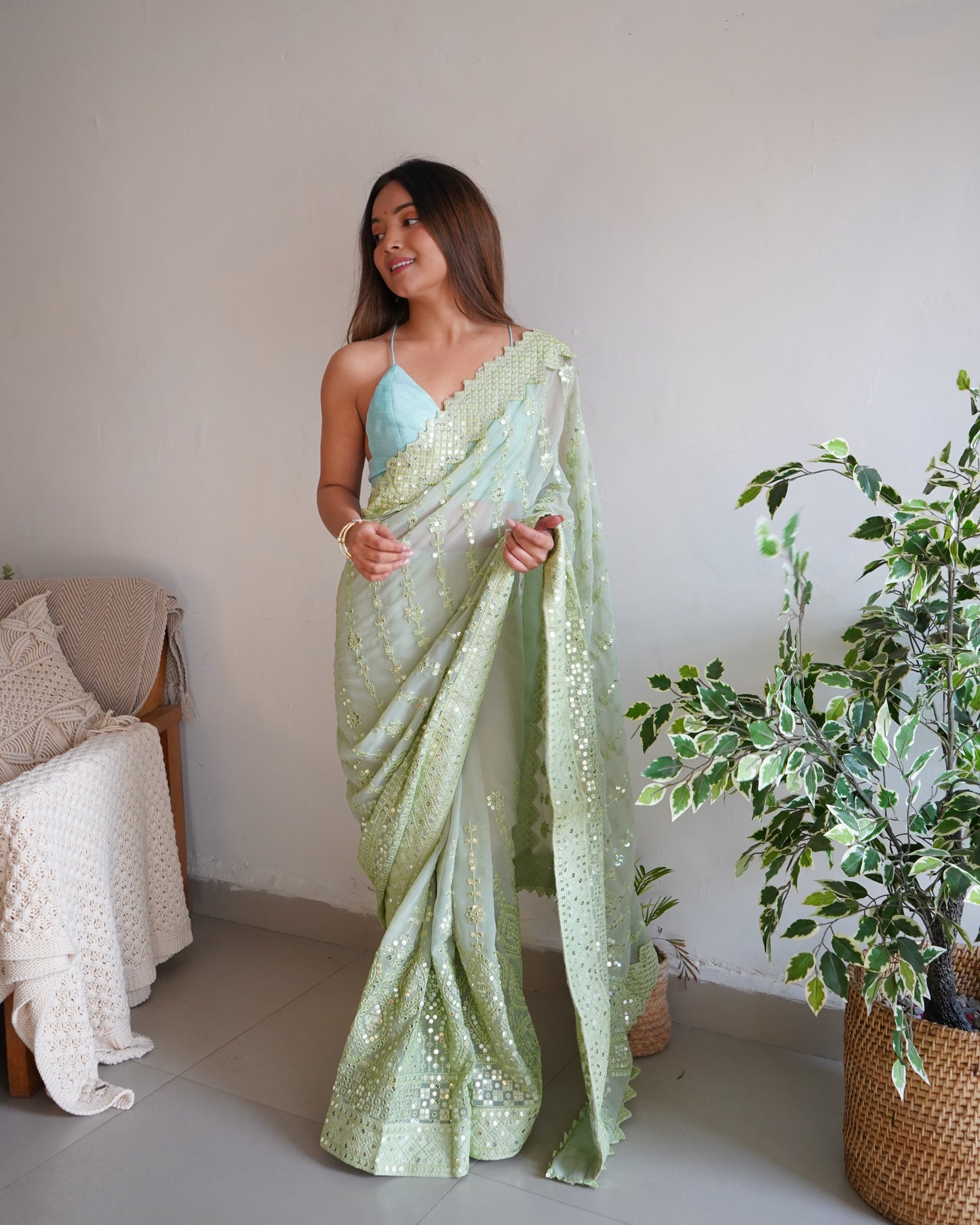 Hand Embroidered Fern-Green Georgette Silk Saree with Chikankari and Sequins work paired with Satin Blouse