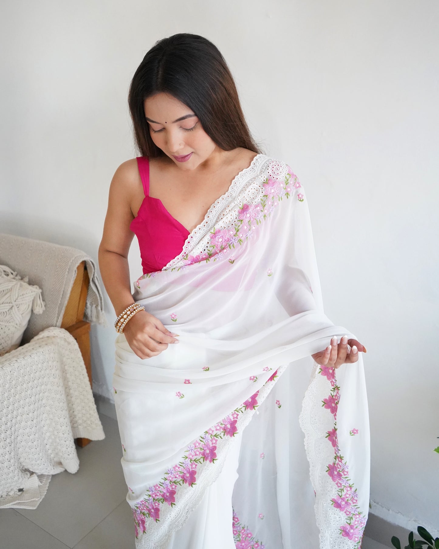 Hand-Embroidered Pure White Georgette-Silk Saree with beautiful Cut-Work border with Blouse