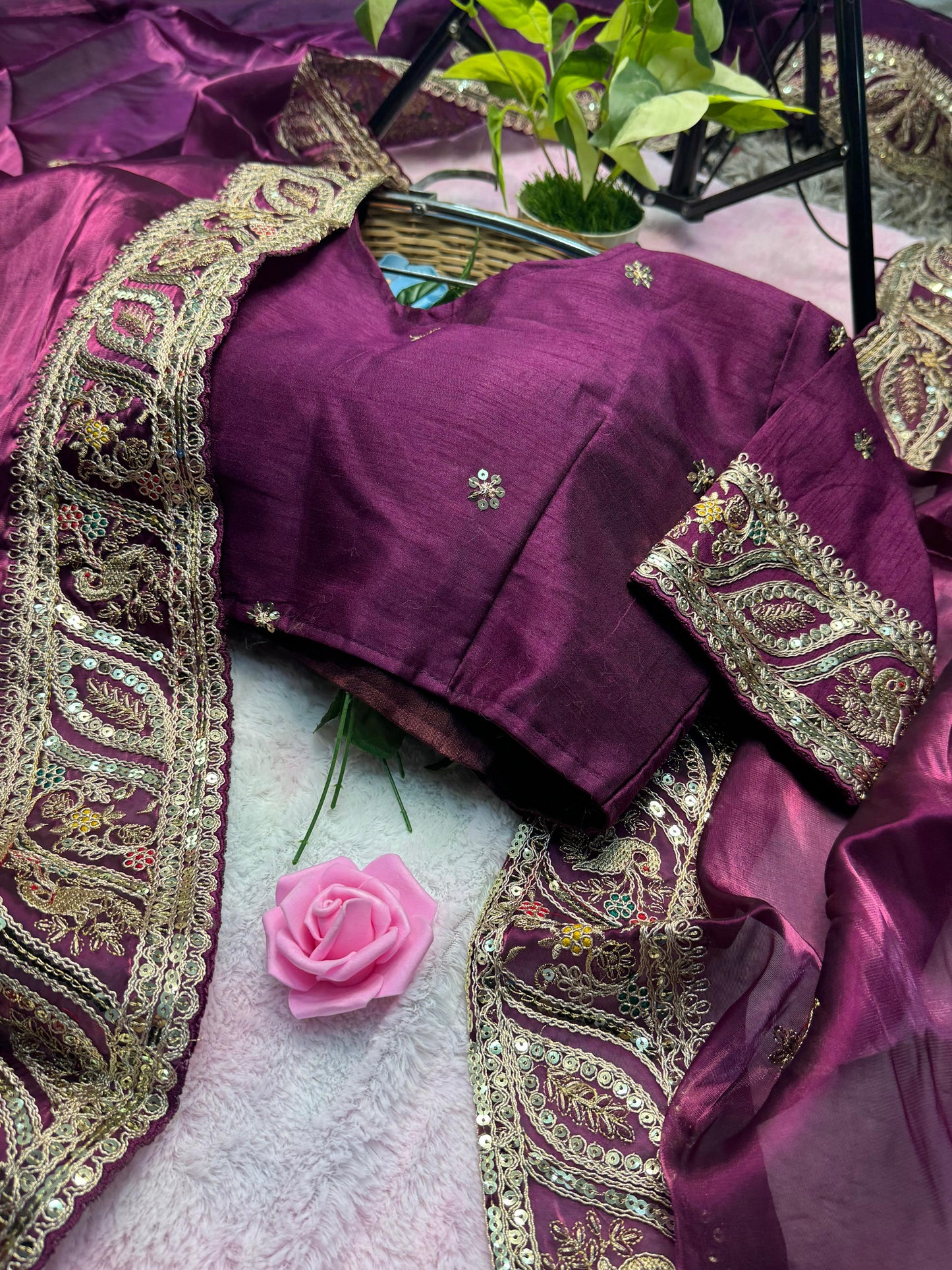 Heavy Hand-Embroidered Magenta-Pink Soft Jimmy-Choo Saree in Fancy Cut-Work Border with Blouse