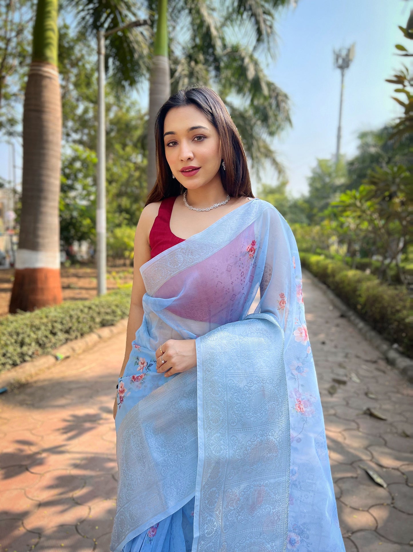 Hand-Woven Light-Blue Pure Organza Silk Saree featuring a Pure Zari Border, Hand-Painted Designs above the Border, and Delicate Pearl Tassels with Blouse