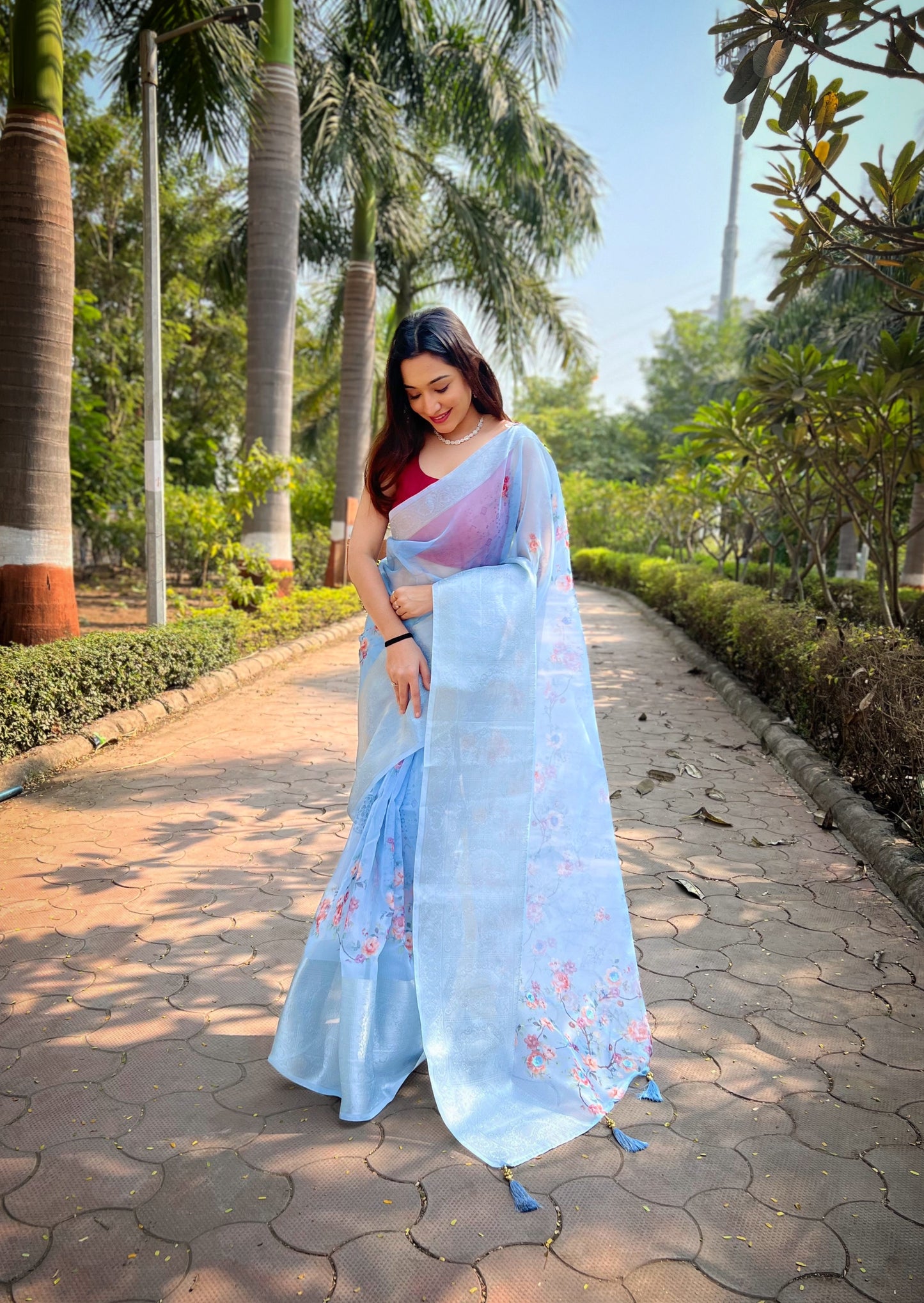 Hand-Woven Light-Blue Pure Organza Silk Saree featuring a Pure Zari Border, Hand-Painted Designs above the Border, and Delicate Pearl Tassels with Blouse