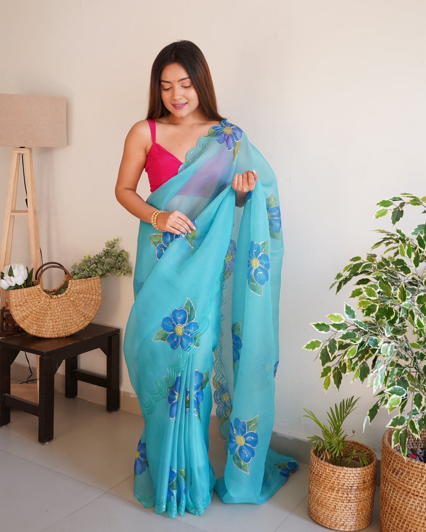 Sky-Blue Pure Organza Cut-Work saree paired with Satin Blouse
