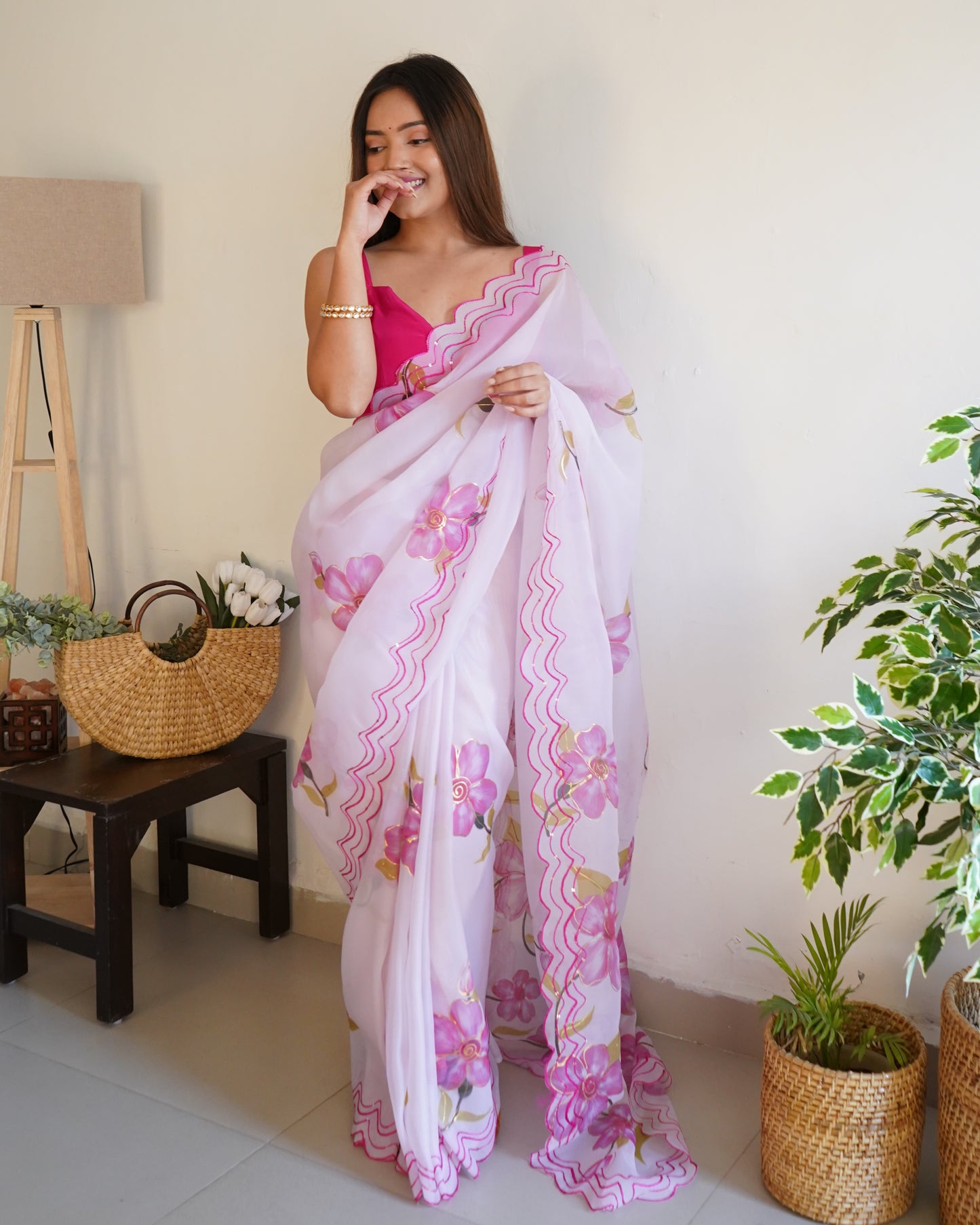 Off-White Pure Organza Cut-Work saree paired with Satin Blouse