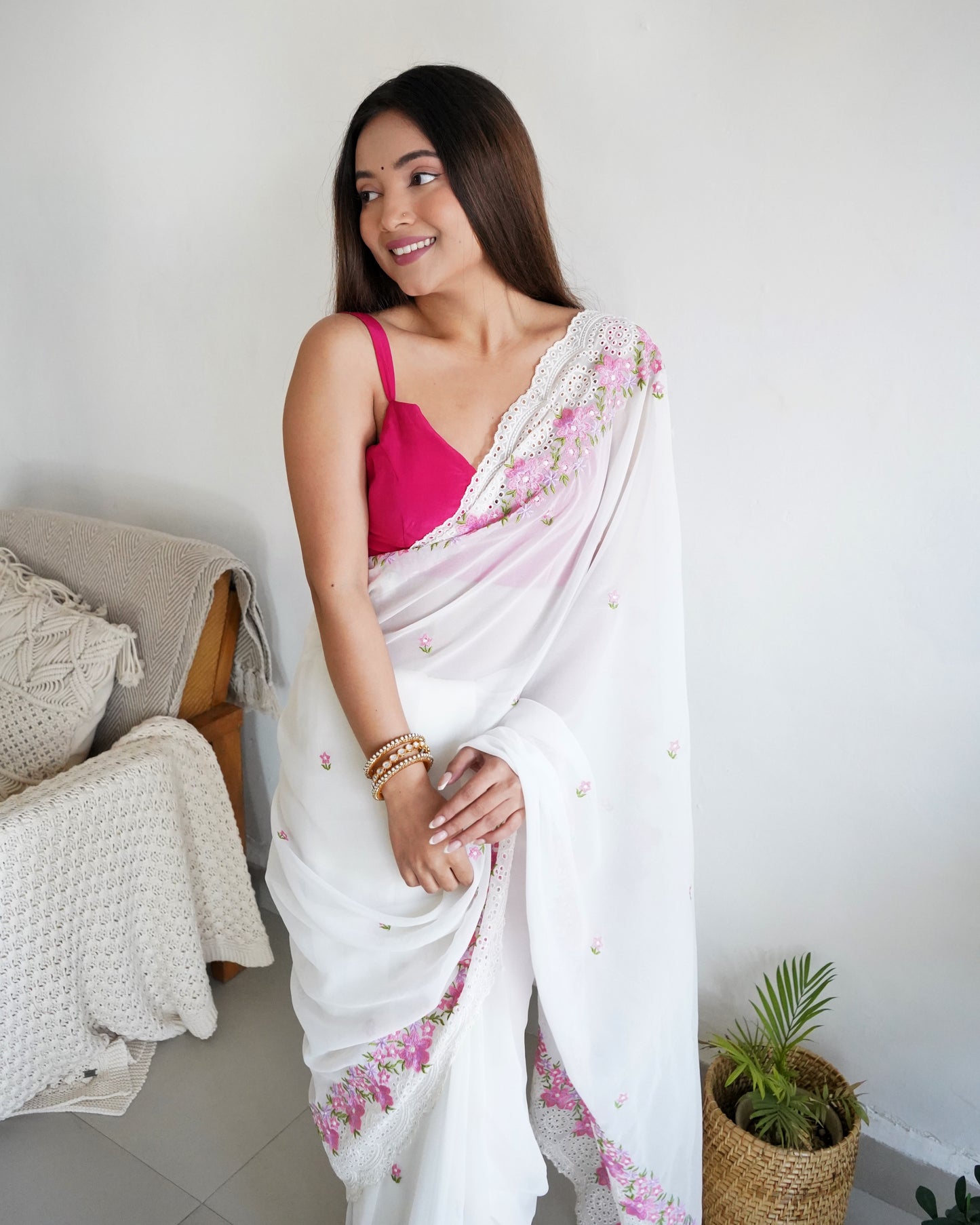 Hand-Embroidered Pure White Georgette-Silk Saree with beautiful Cut-Work border with Blouse