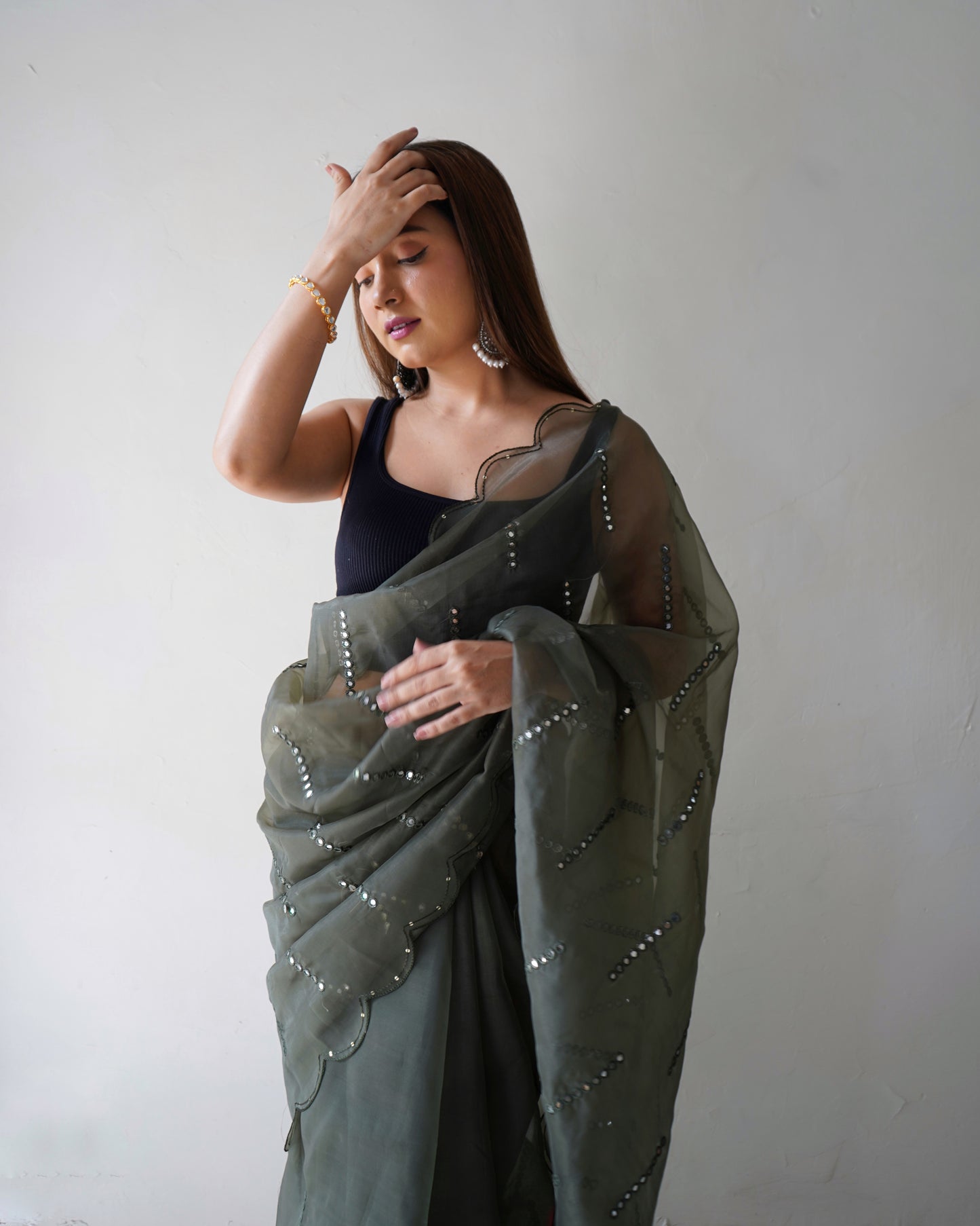 Hand-Embroidered Grey Pure Organza Saree with Blouse