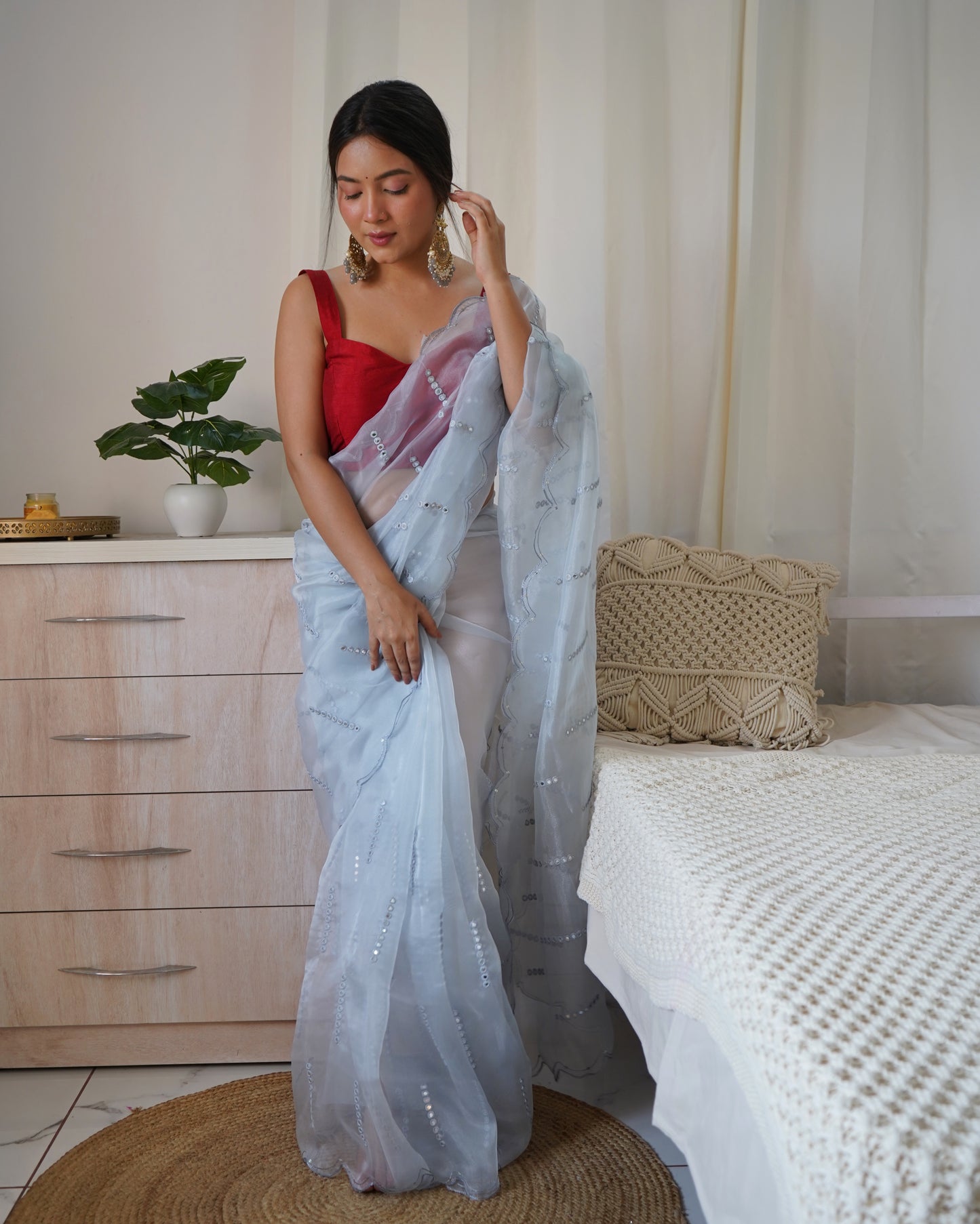 Hand-Embroidered Powder-Blue Pure Organza Saree with Blouse