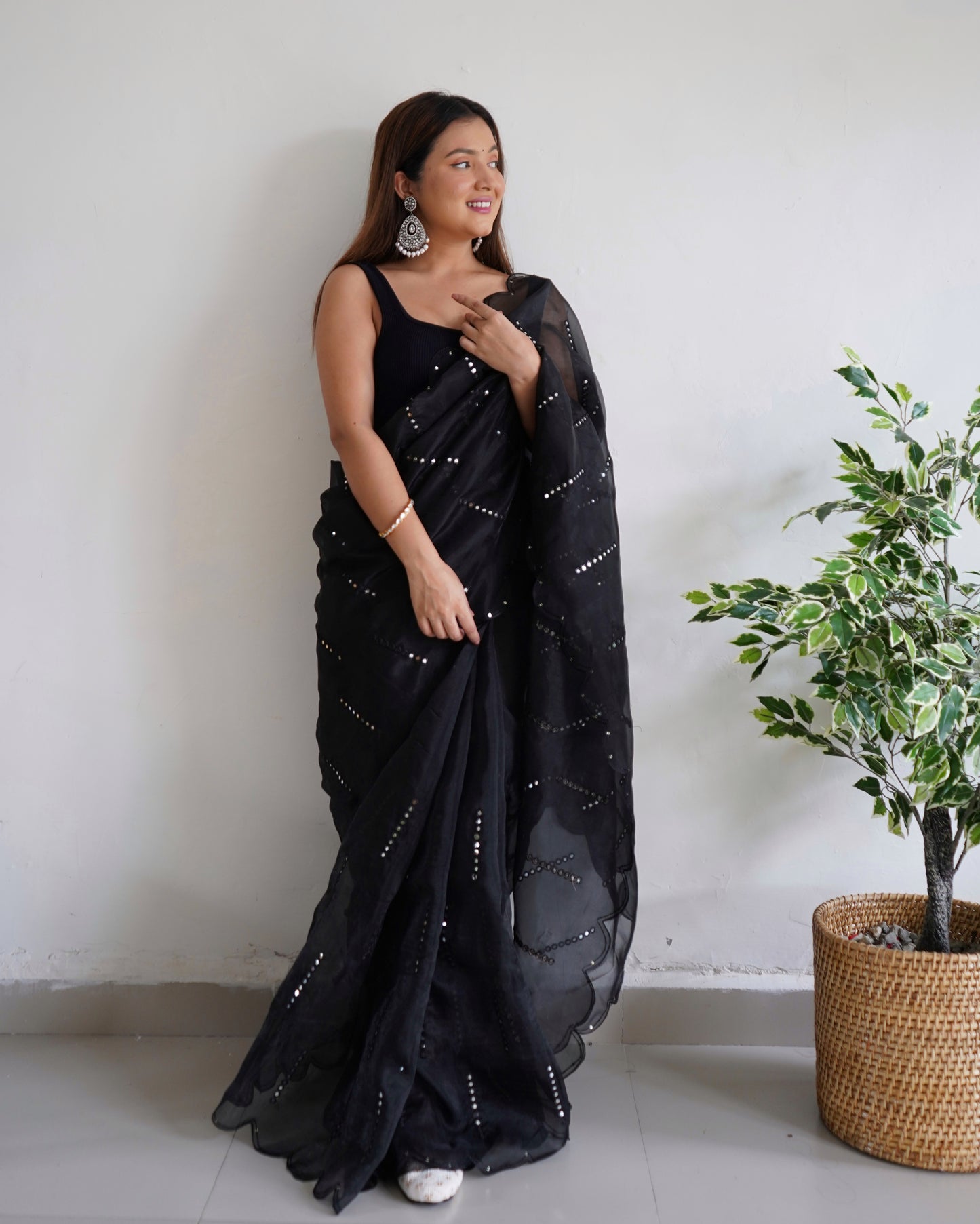 Hand-Embroidered Elegant-Black Pure Organza Saree with Blouse