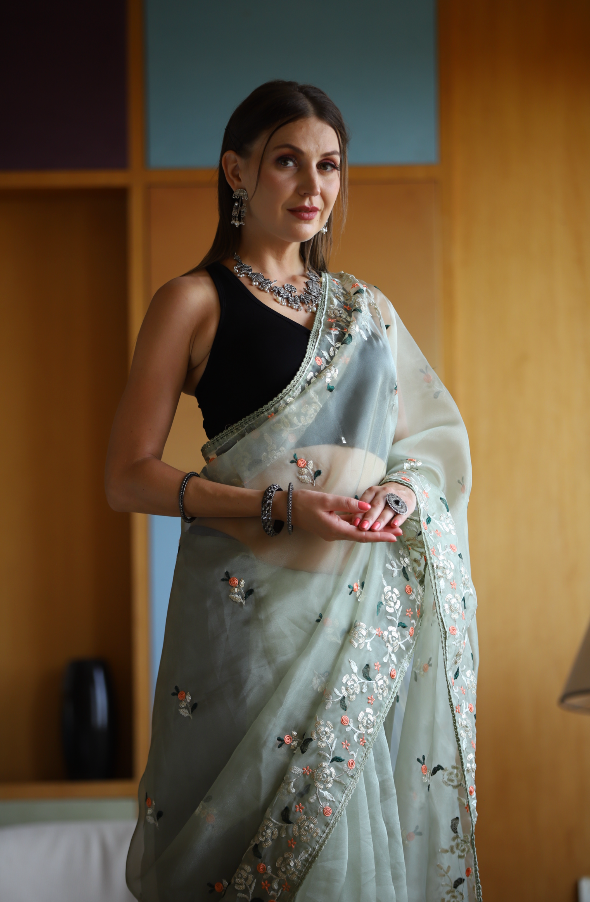 Hand-Embroidered Pista-Green Pure Organza-Silk Saree with Blouse