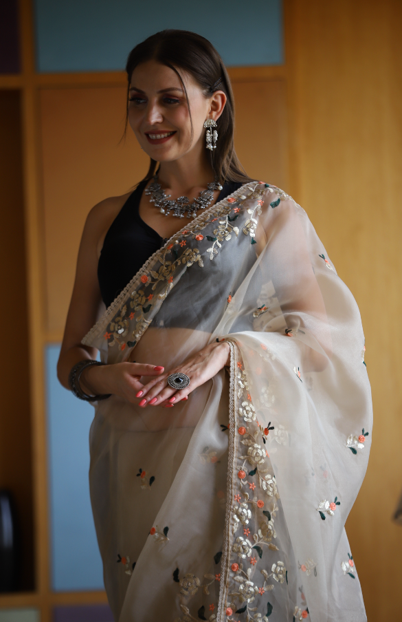 Hand-Embroidered Beige Pure Organza-Silk Saree with Blouse