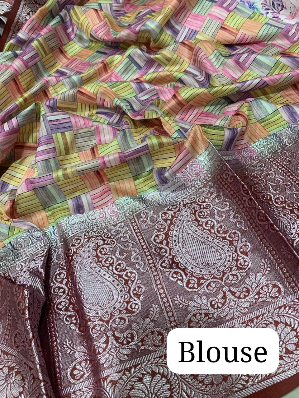 Off-White Pure Tussar-Dola Silk saree with Brown contrast Zari Border and Tassels paired with Contrast Blouse