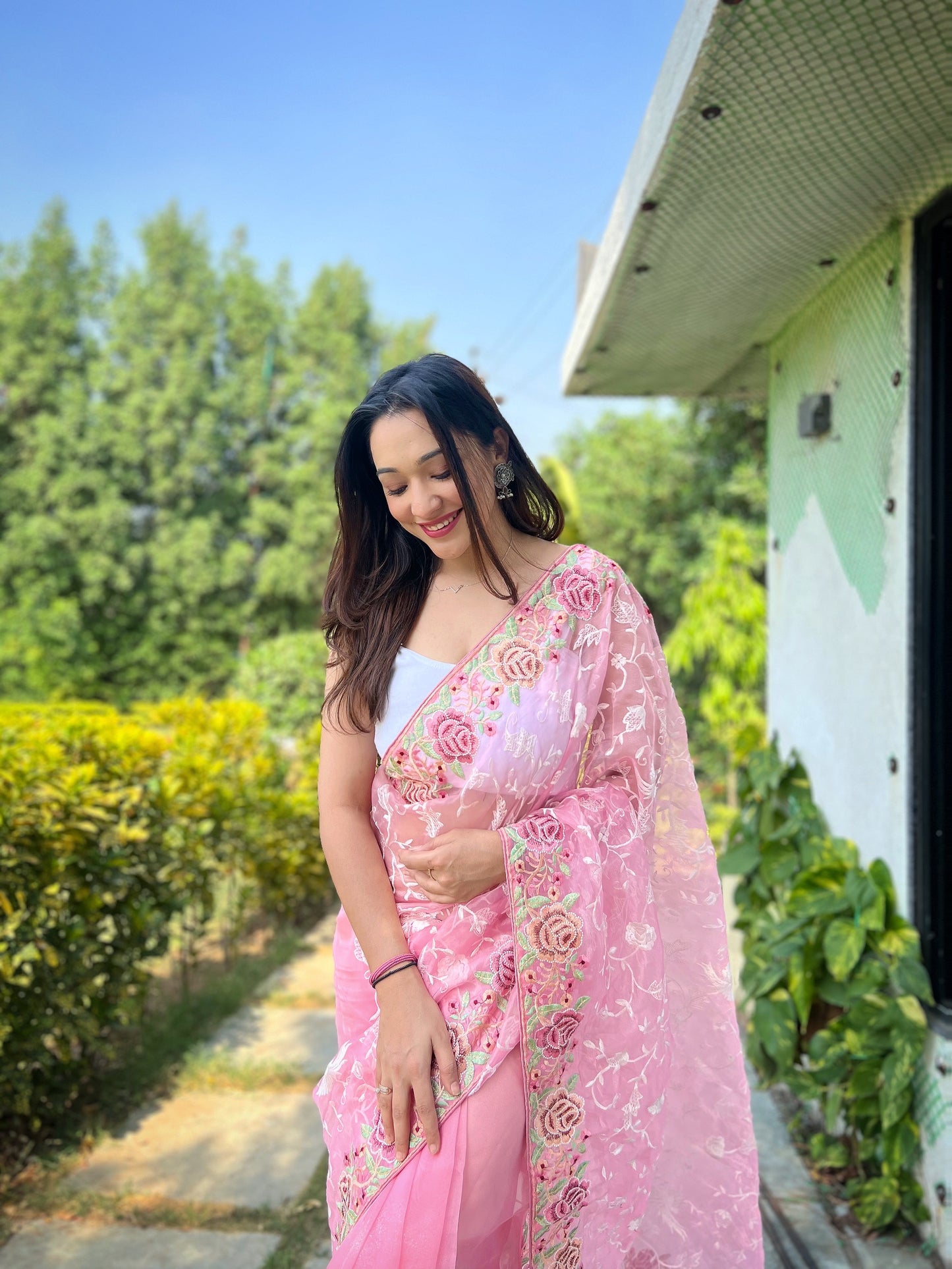 Hand-Embroidered Baby-Pink Pure Organza Silk Saree