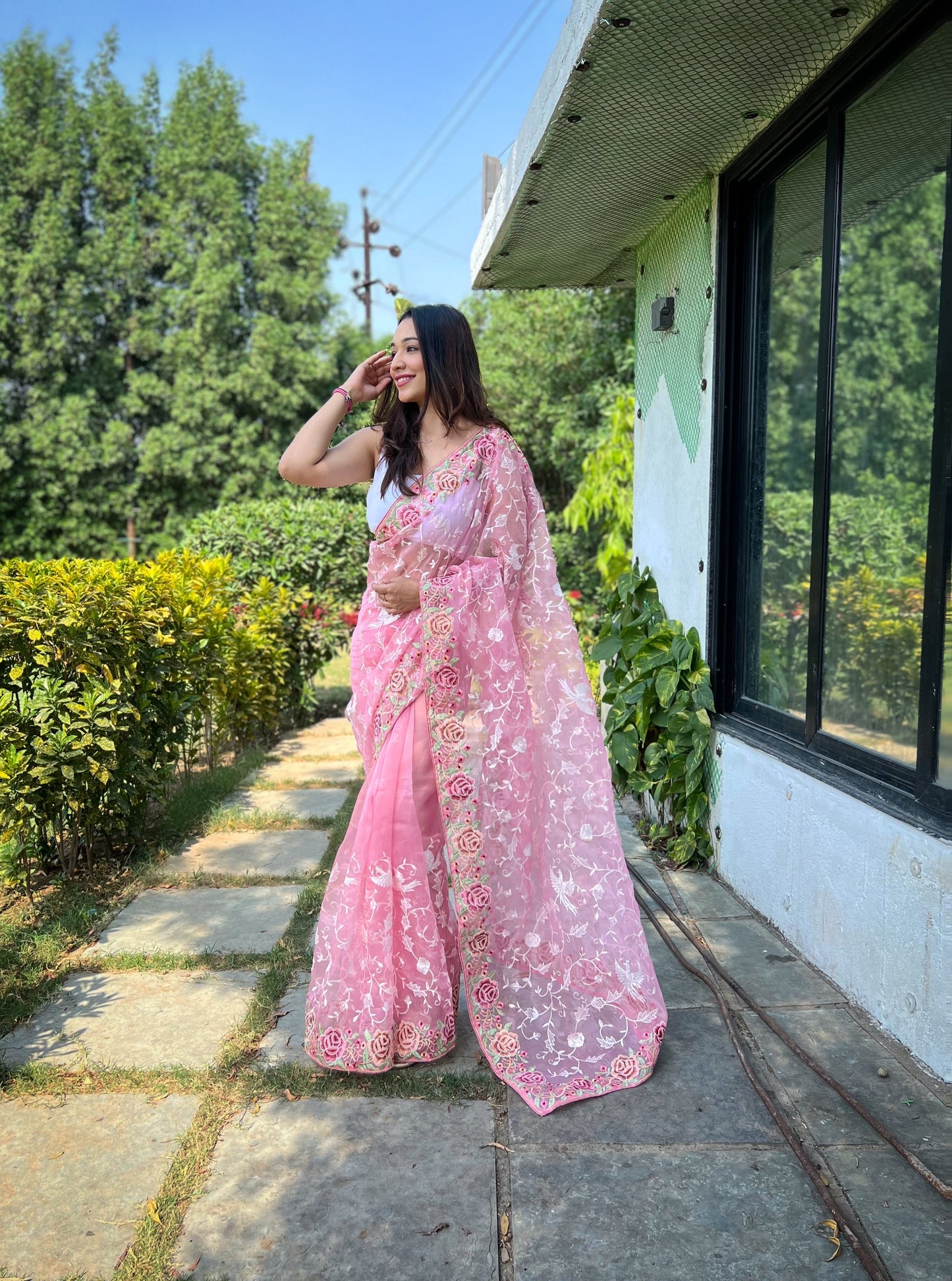 Hand-Embroidered Baby-Pink Pure Organza Silk Saree