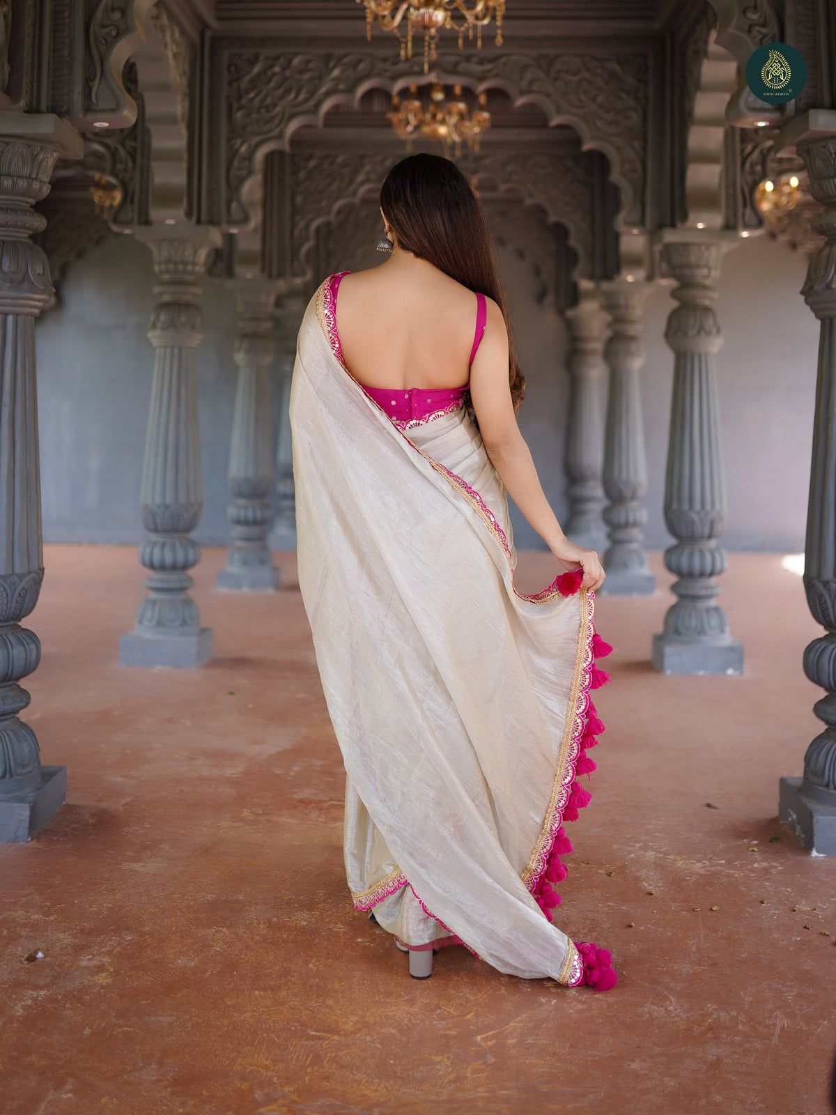 Beige Pure Tussar Silk Saree with a Heavy Rani Pink Border and Cut-Work Detailing, Paired with an Embroidered Blouse