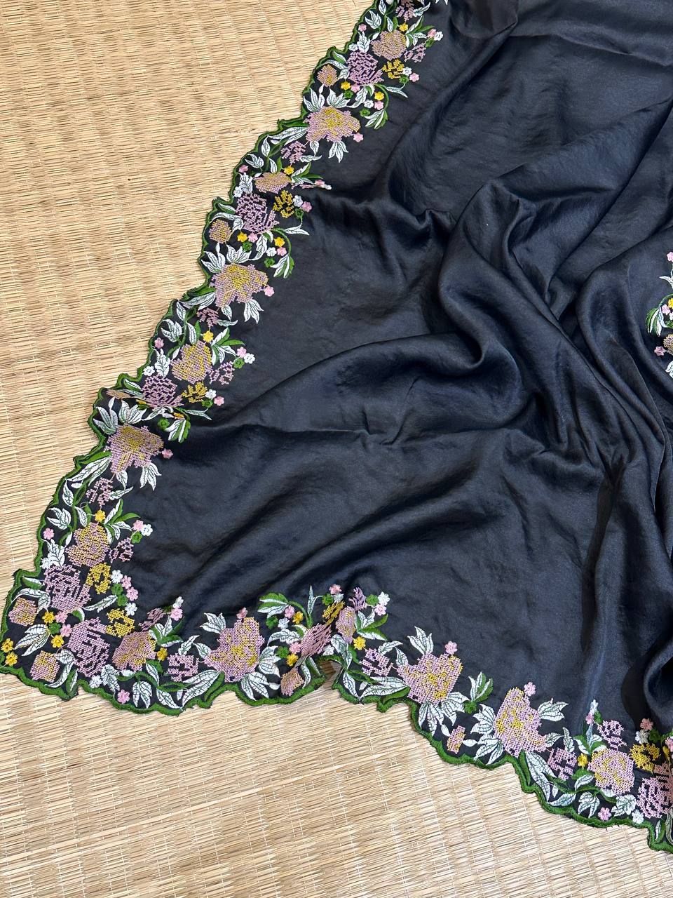 Hand-Embroidered Deep-BlackPure Tussar Silk Saree with Blouse