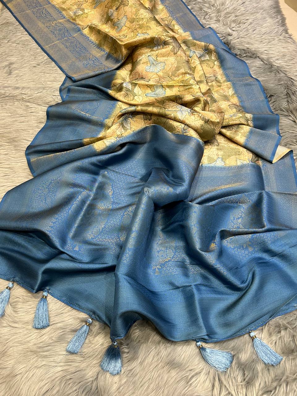 Handloom Calming-Blue-Golden Soft Banarasi Saree with Royal Tassels comes with Blouse