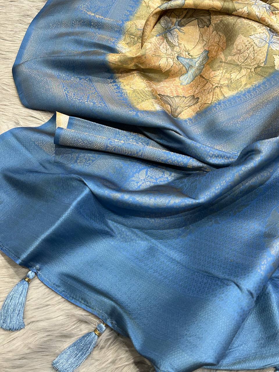 Handloom Calming-Blue-Golden Soft Banarasi Saree with Royal Tassels comes with Blouse