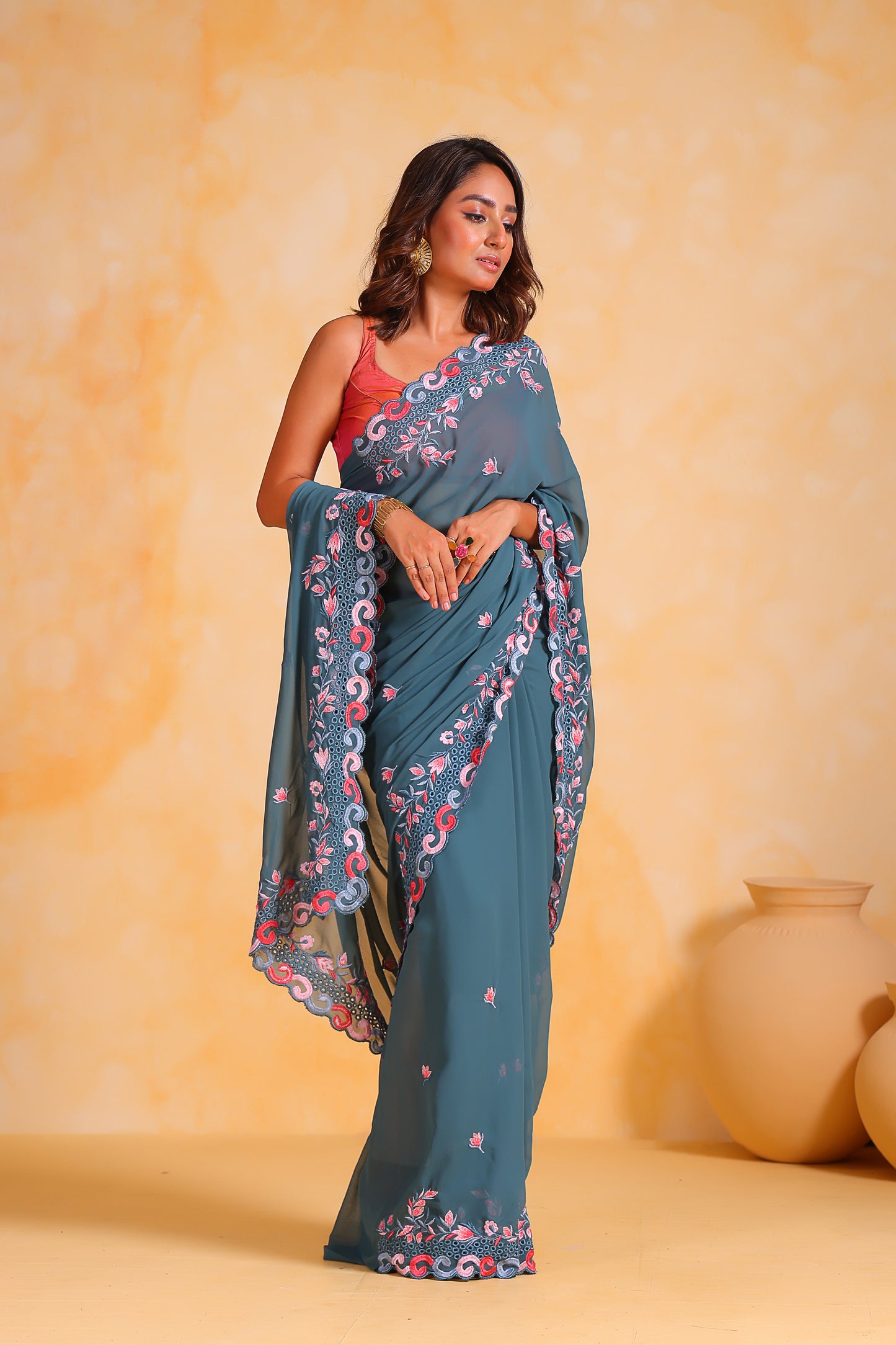 Hand-Embroidered Blue Georgette-Silk Saree with Blouse