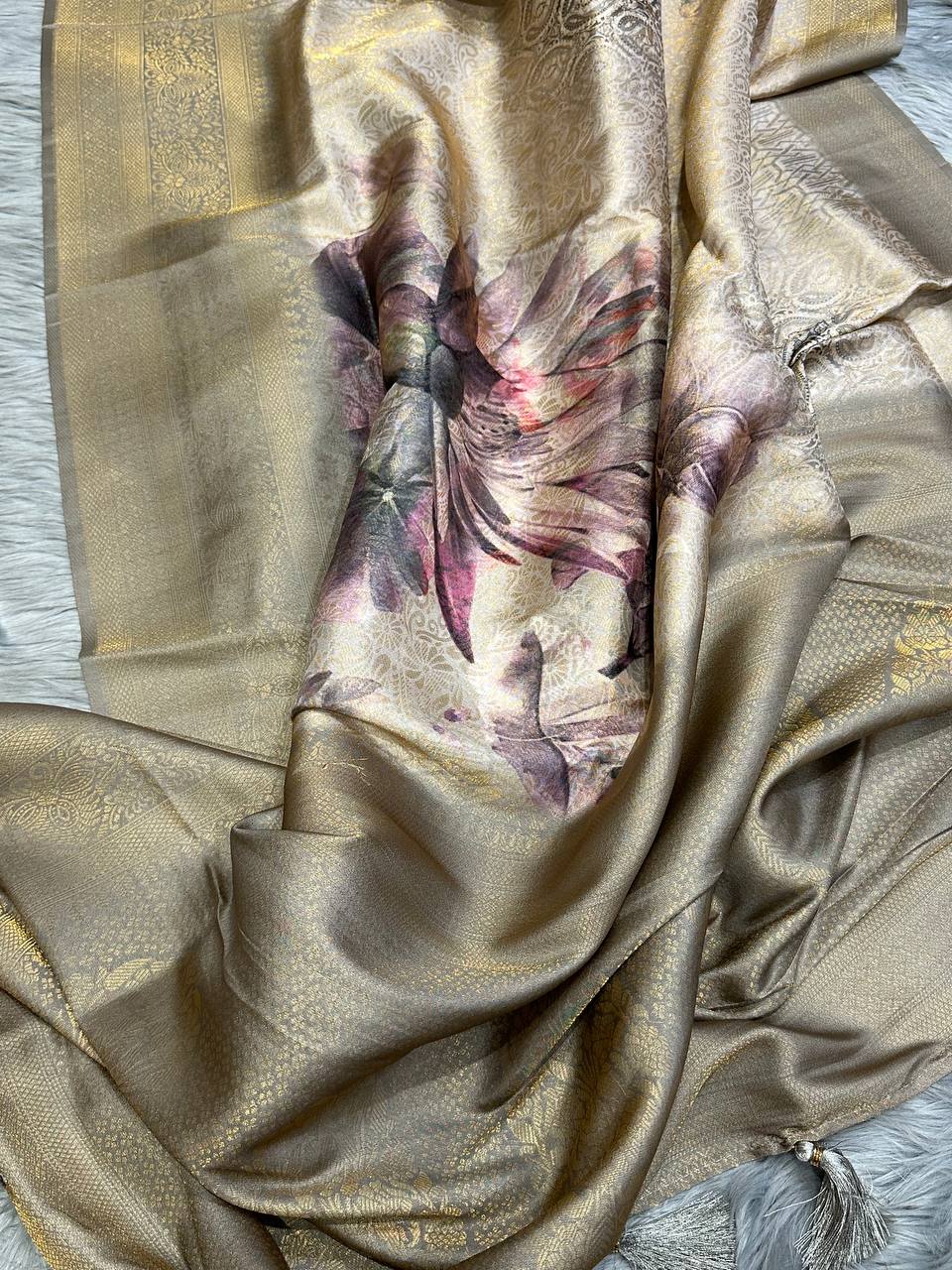 Handloom Rich-Brown-Golden Soft Banarasi Saree with Royal Tassels comes with Blouse