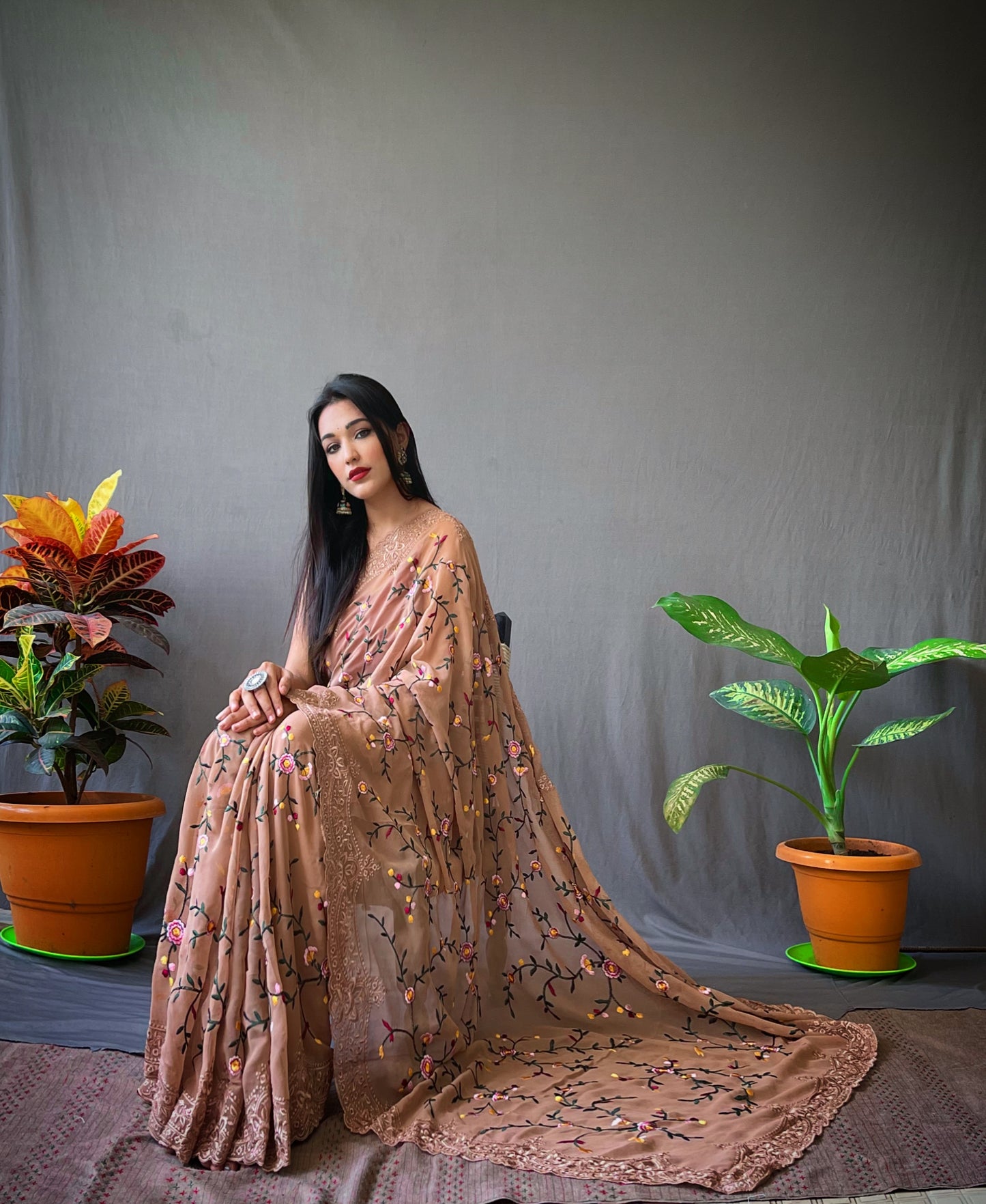 Hand-Embroidered Beige Jal-Work Pure Georgette Silk Saree with Blouse