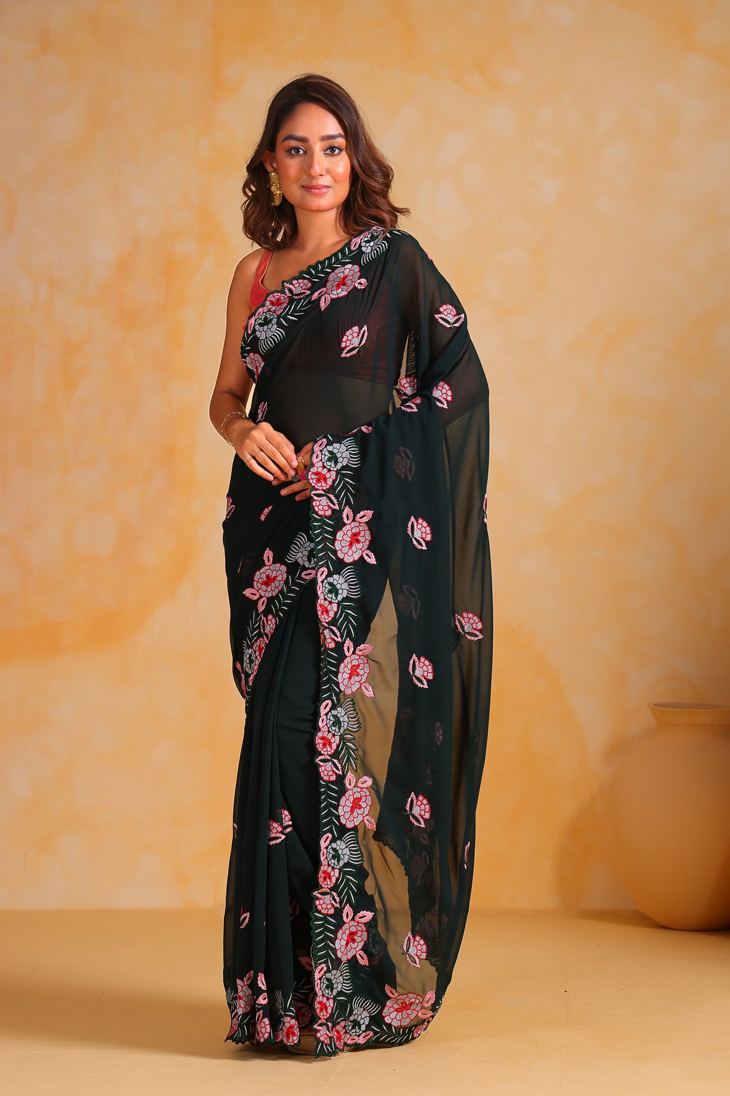 Hand-Embroidered Beetle-Green Georgette-Silk saree with Blouse