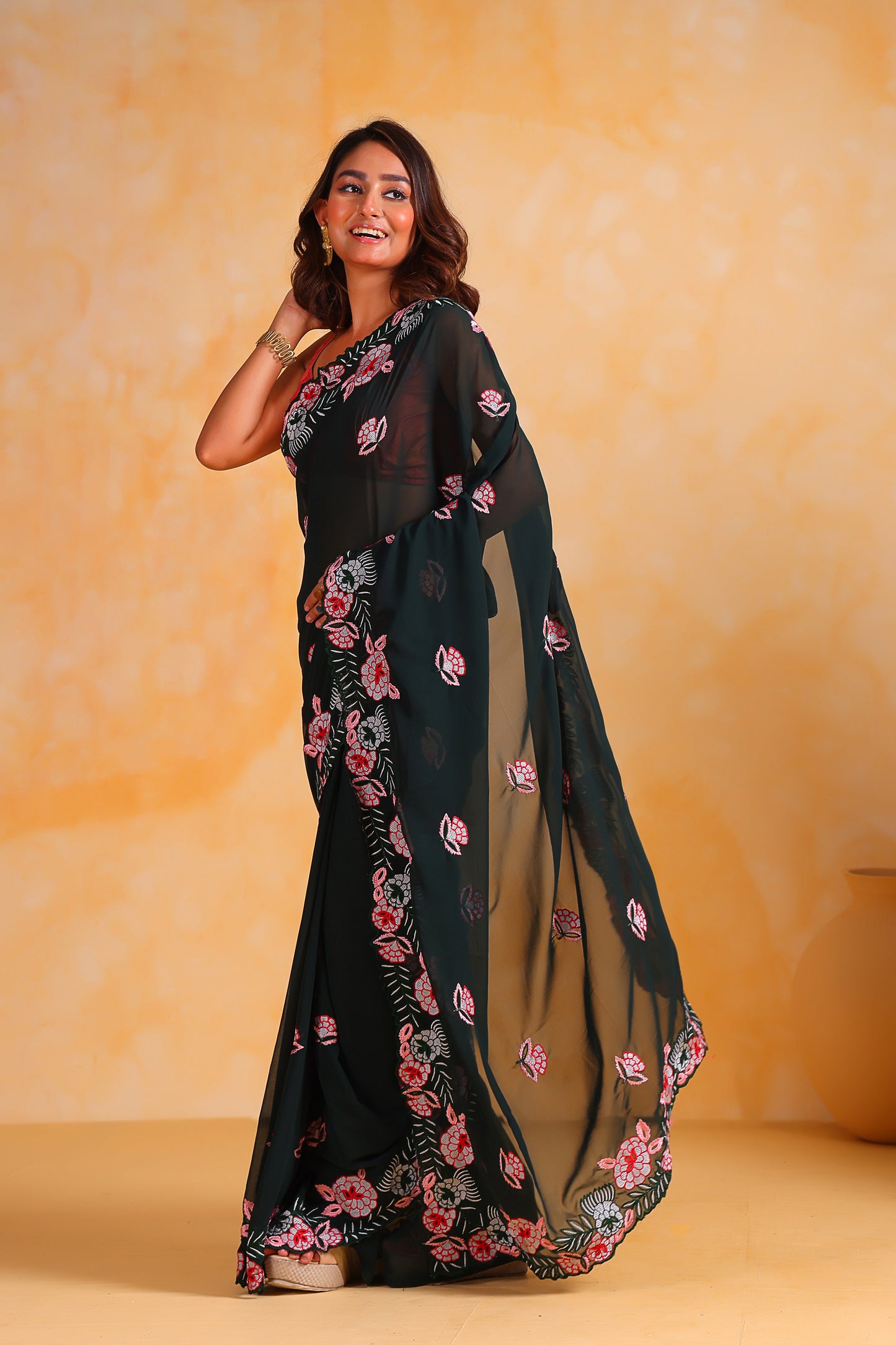 Hand-Embroidered Beetle-Green Georgette-Silk saree with Blouse