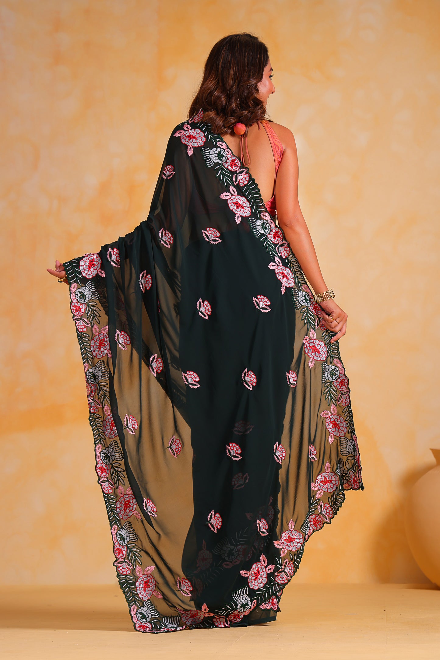 Hand-Embroidered Beetle-Green Georgette-Silk saree with Blouse