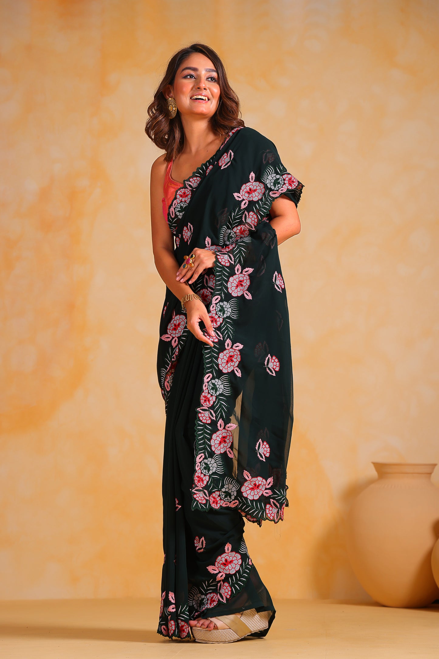 Hand-Embroidered Beetle-Green Georgette-Silk saree with Blouse