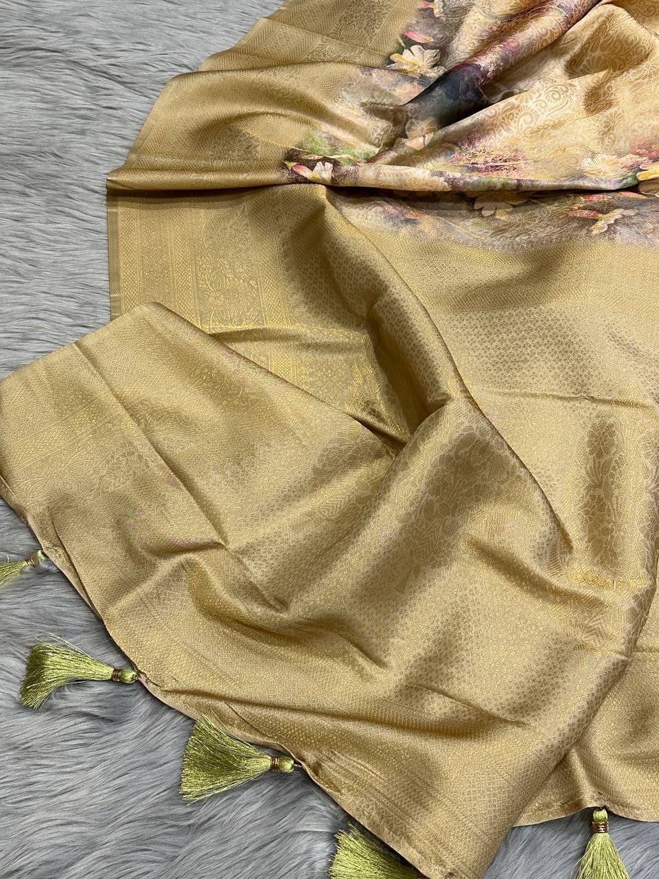 Handloom Rich-Golden Soft Banarasi Saree with Royal Tassels comes with Blouse