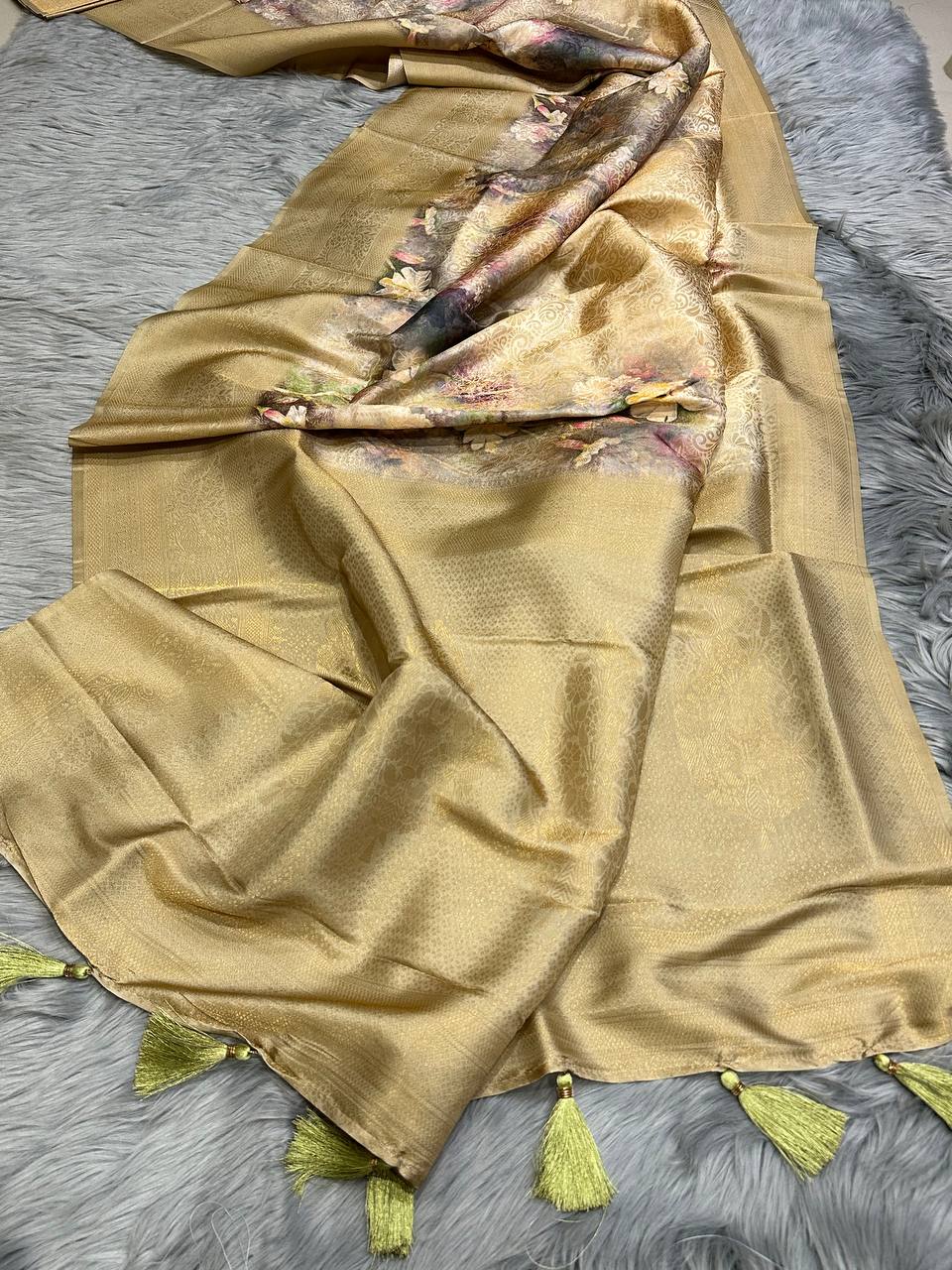 Handloom Rich-Golden Soft Banarasi Saree with Royal Tassels comes with Blouse