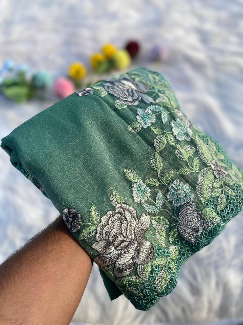 Hand Embroidered Forest-Green Pure Crushed-Chiffon Saree in Cut-Work paired with Blouse