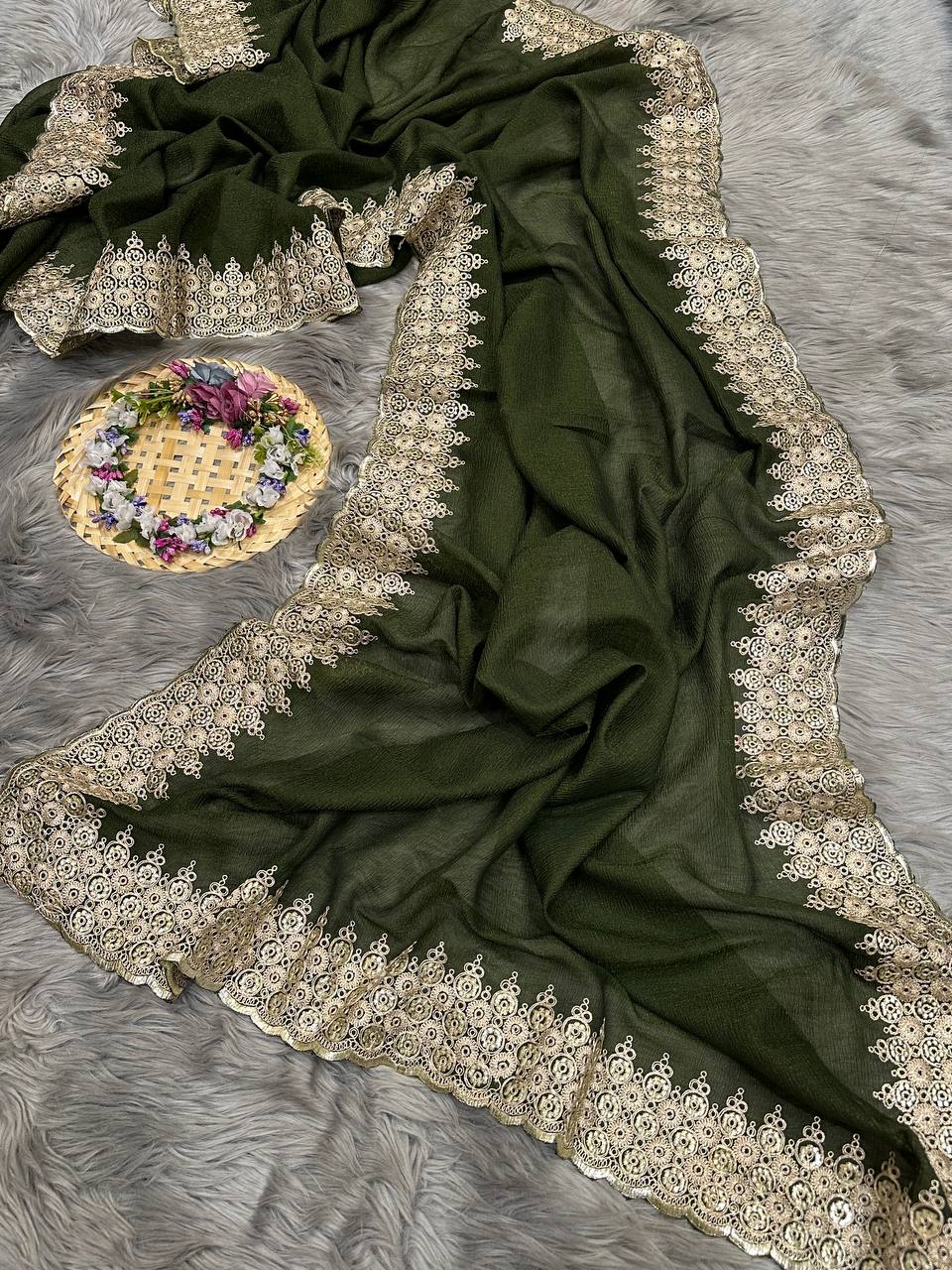 Hand Embroidered Jungle-Green Pure Wrinkle-Chiffon Silk saree with Heavy Border and Blouse