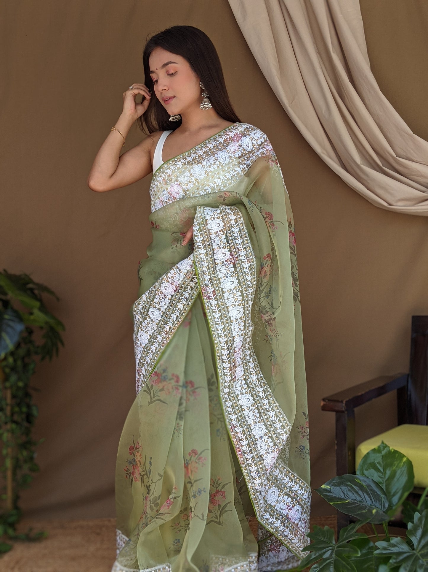 Hand-Embroidered & Digital Printed Pista-Green Pure Organza Saree with Blouse