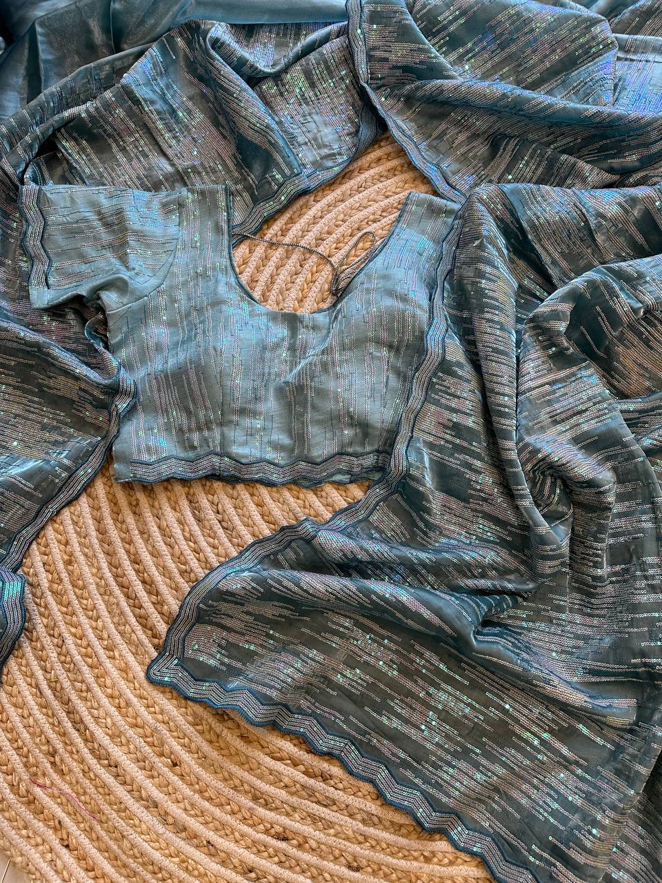 Hand-Embroidered Sophisticated Grey Jimmy Choo Saree with Blouse