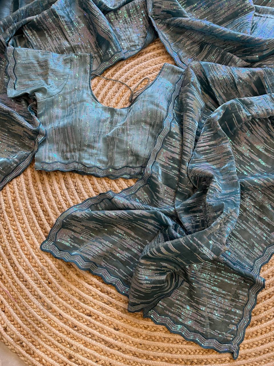 Hand-Embroidered Sophisticated Grey Jimmy Choo Saree with Blouse