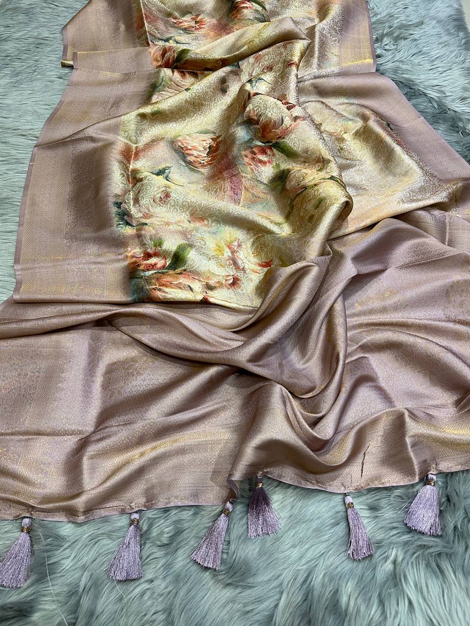 Handloom Lavender-Golden Soft Banarasi Saree with Royal Tassels comes with Blouse